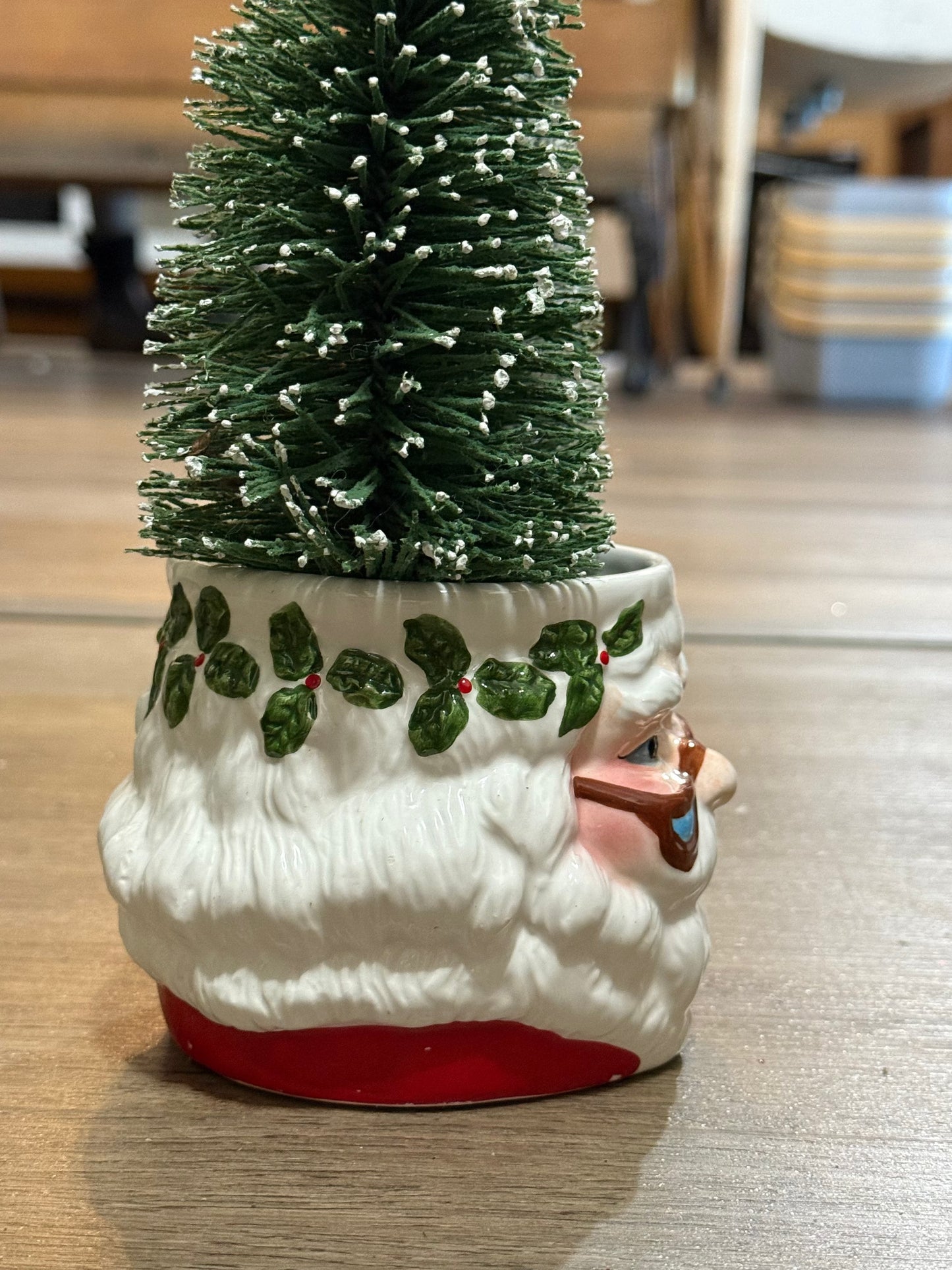 Vintage Foliage Grandpa Santa Mug with Bottle Brush Tree • Retro Christmas Decoration