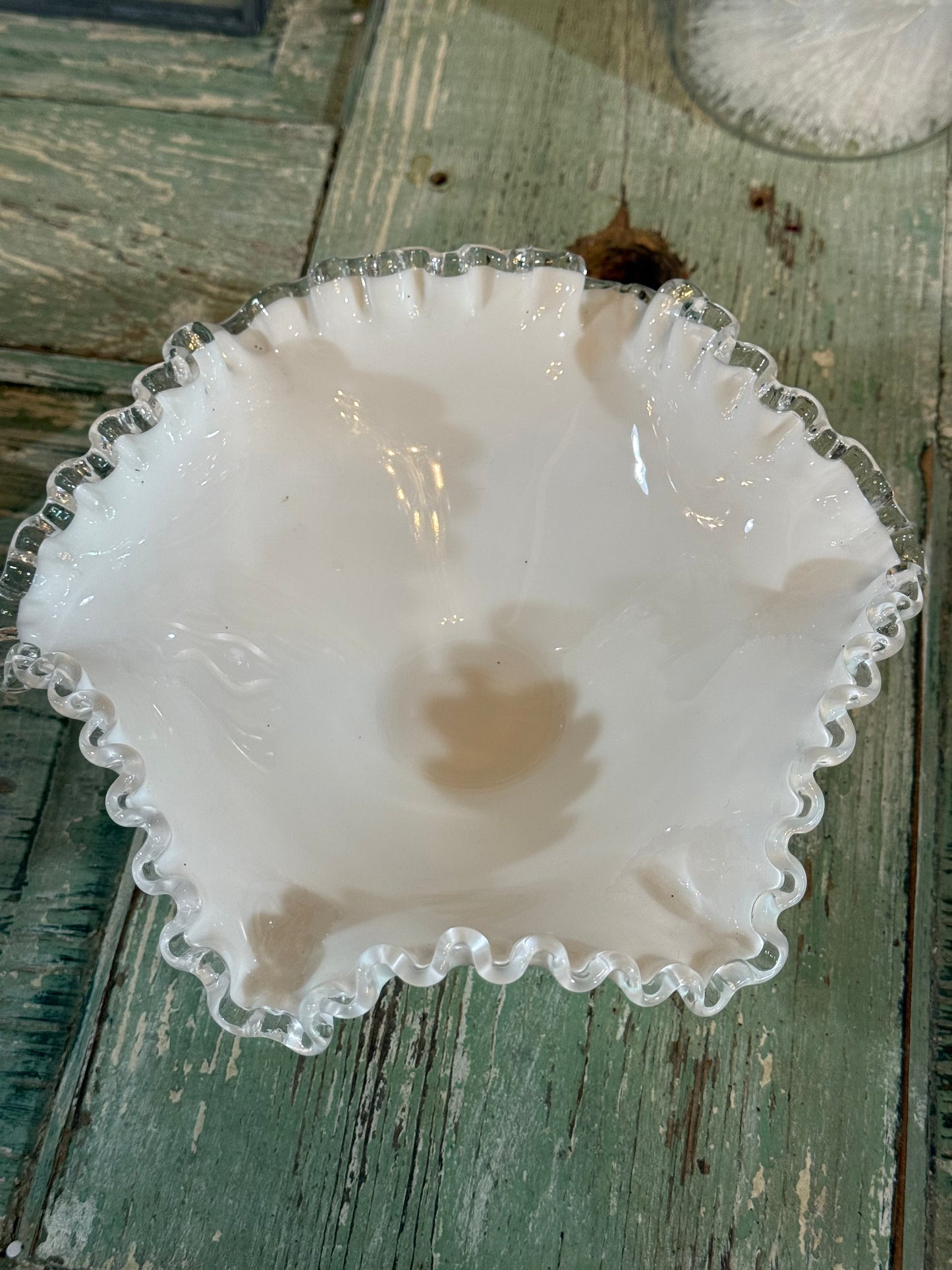 Fenton Silver Crest Ruffled Milk Glass Footed Bowl • Vintage Pedestal Dish