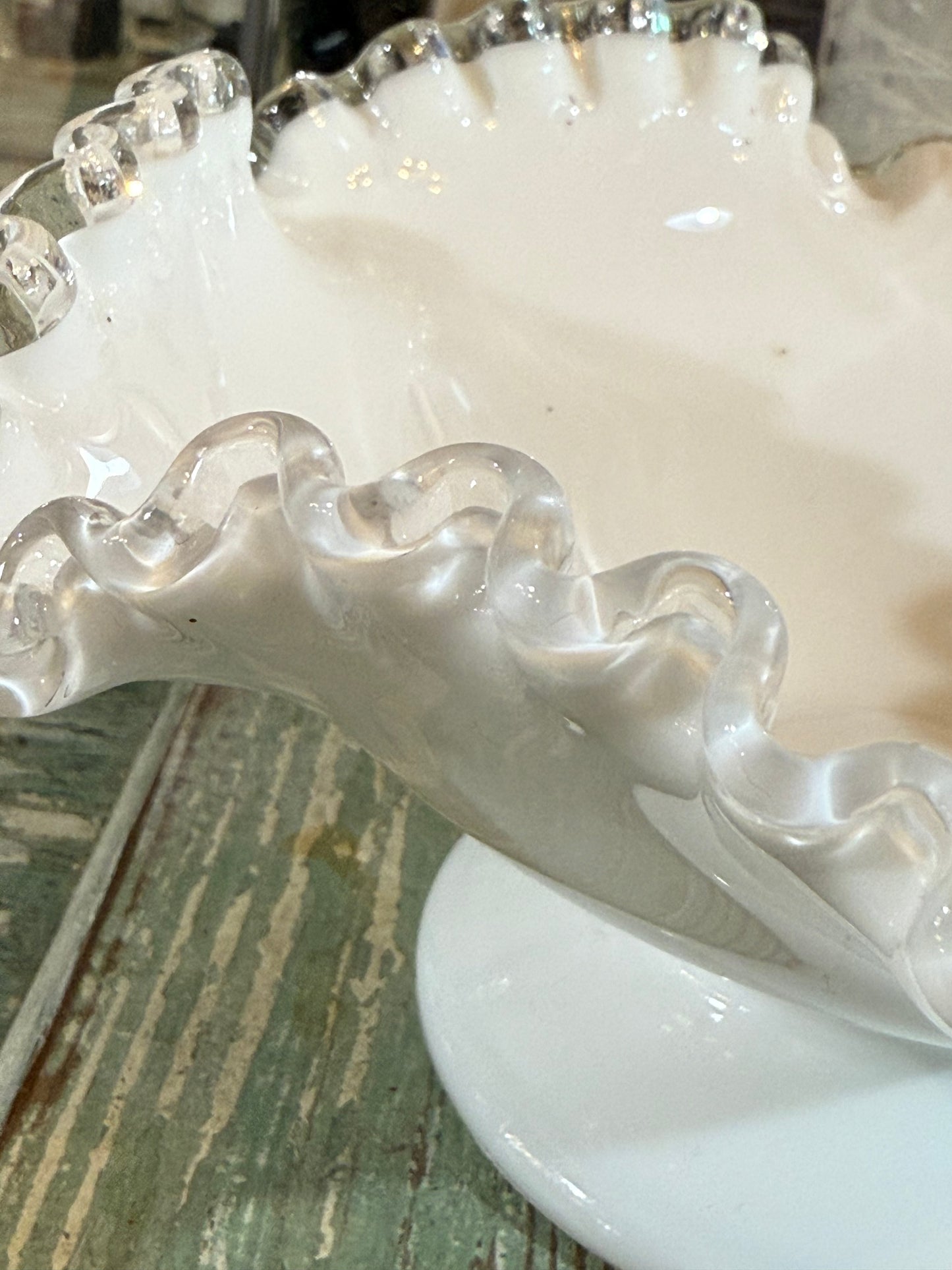 Fenton Silver Crest Ruffled Milk Glass Footed Bowl • Vintage Pedestal Dish