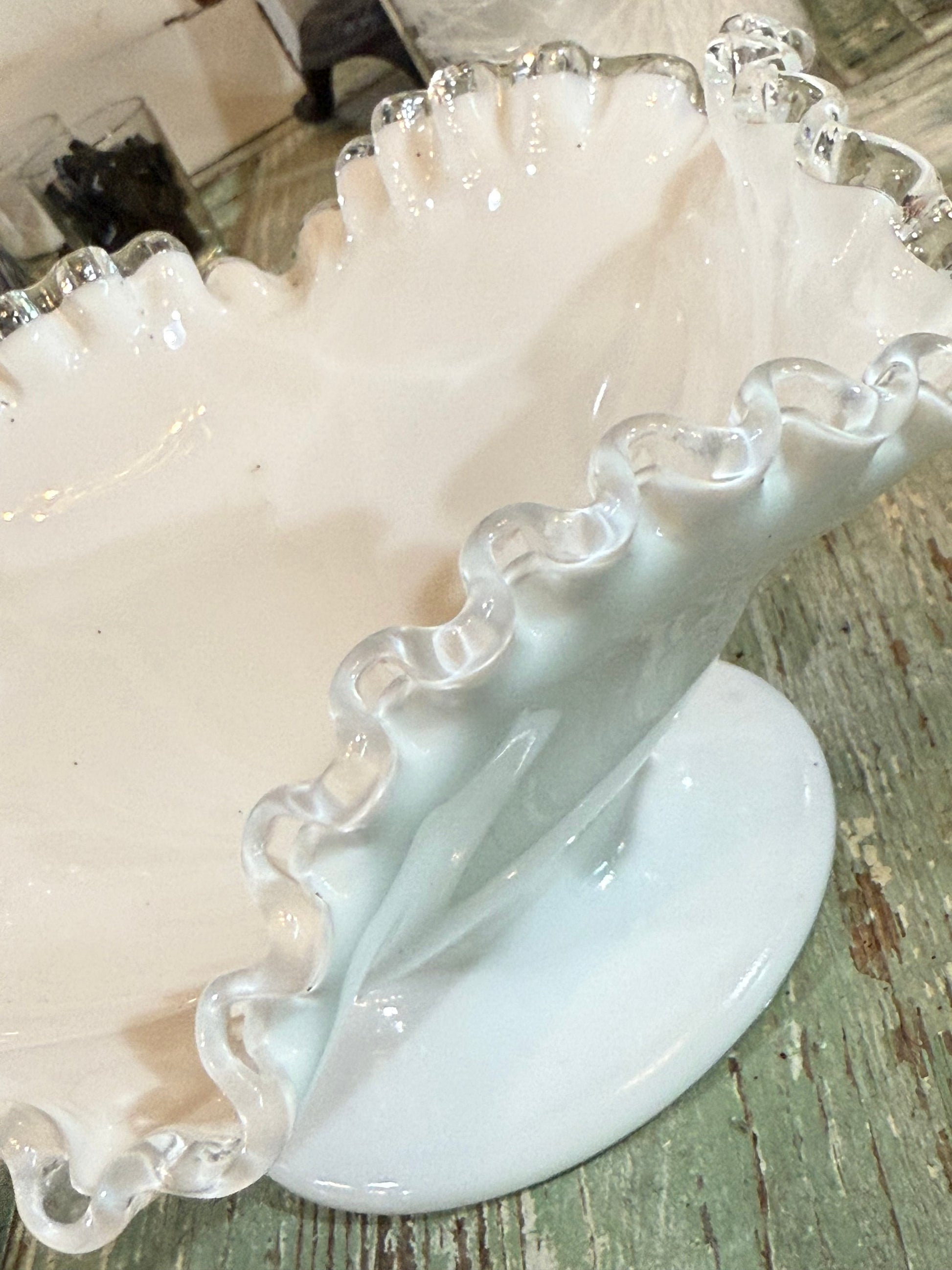 Fenton Silver Crest Ruffled Milk Glass Footed Bowl • Vintage Pedestal Dish