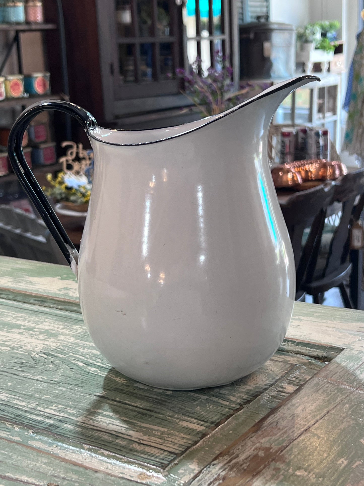 Vintage White with Black rim and handle Water Pitcher