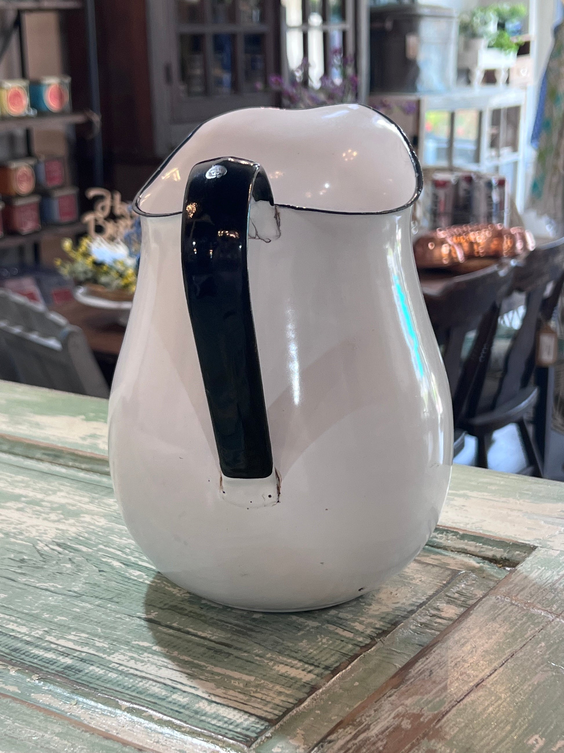 Vintage White with Black rim and handle Water Pitcher