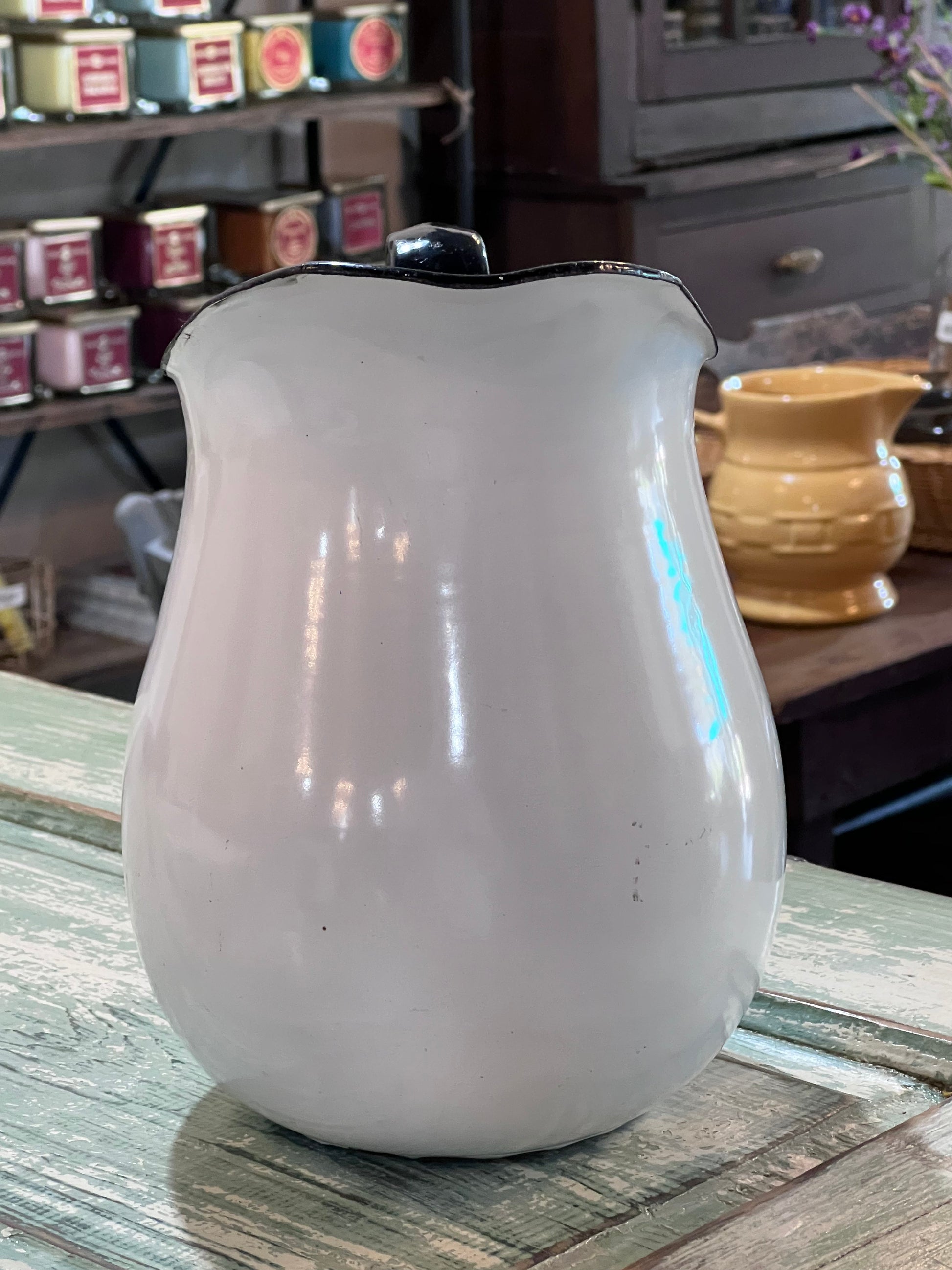 Vintage White with Black rim and handle Water Pitcher