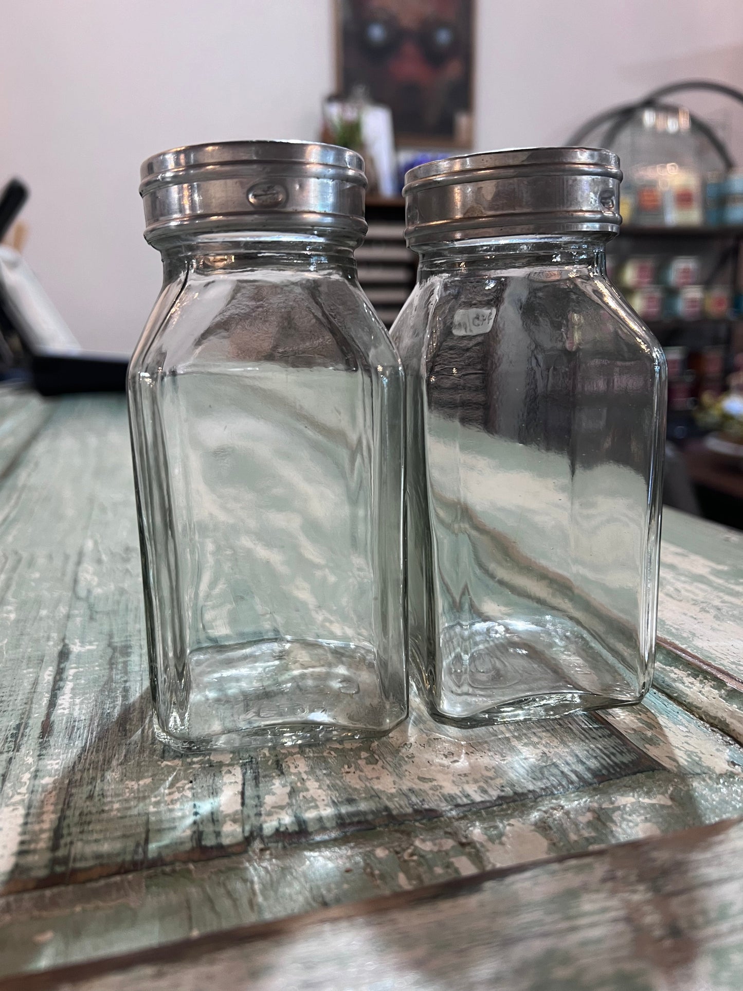 Pair of Clear Apothecary Pharmacy Squared Bottles