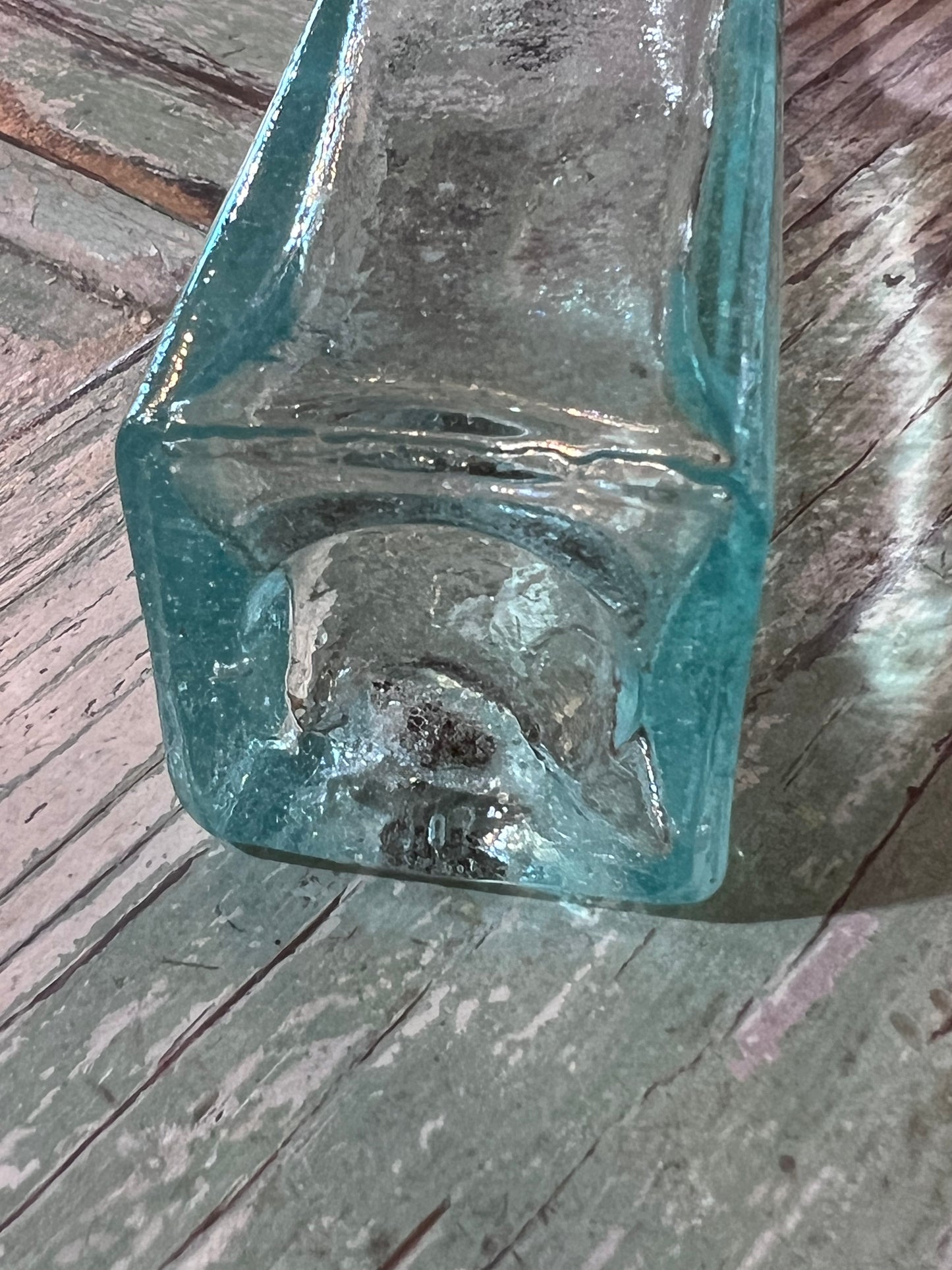 Blue Green Glass Apothecary Bottle Square Bottom
