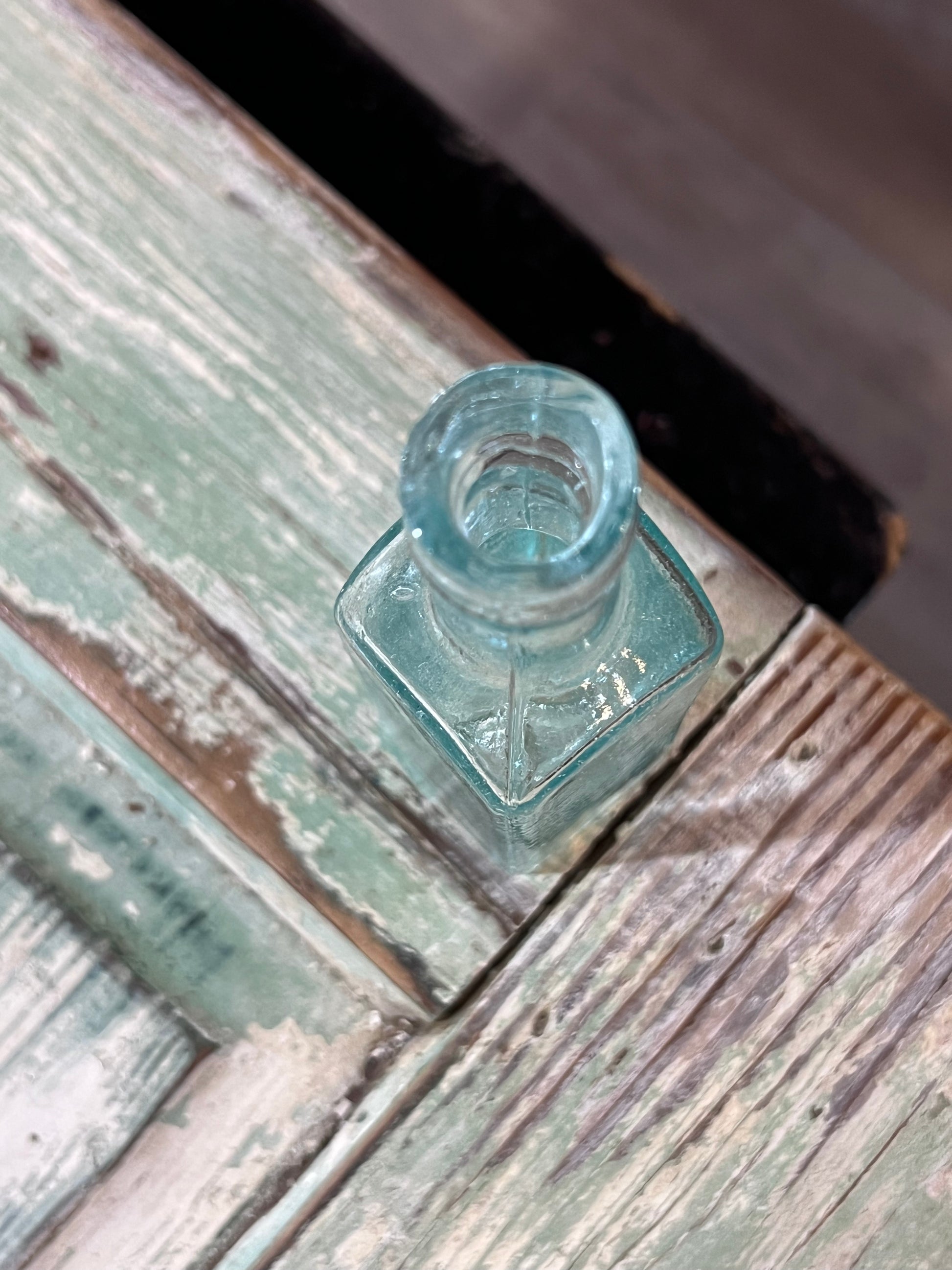 Blue Green Glass Apothecary Bottle Square Bottom