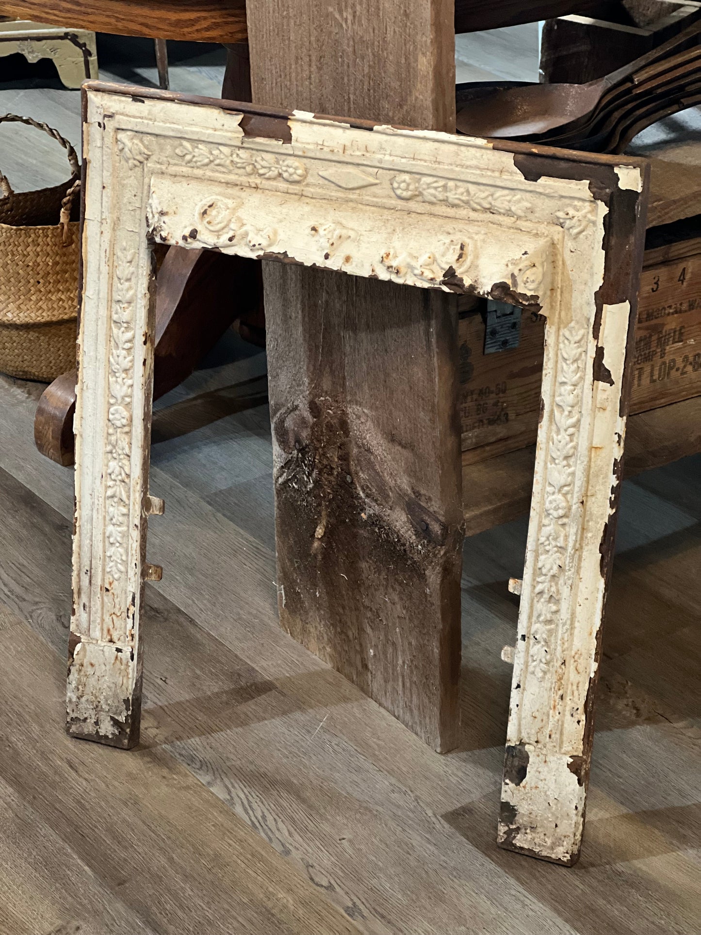 Antique Cast Iron Fireplace Surround: Chipped White