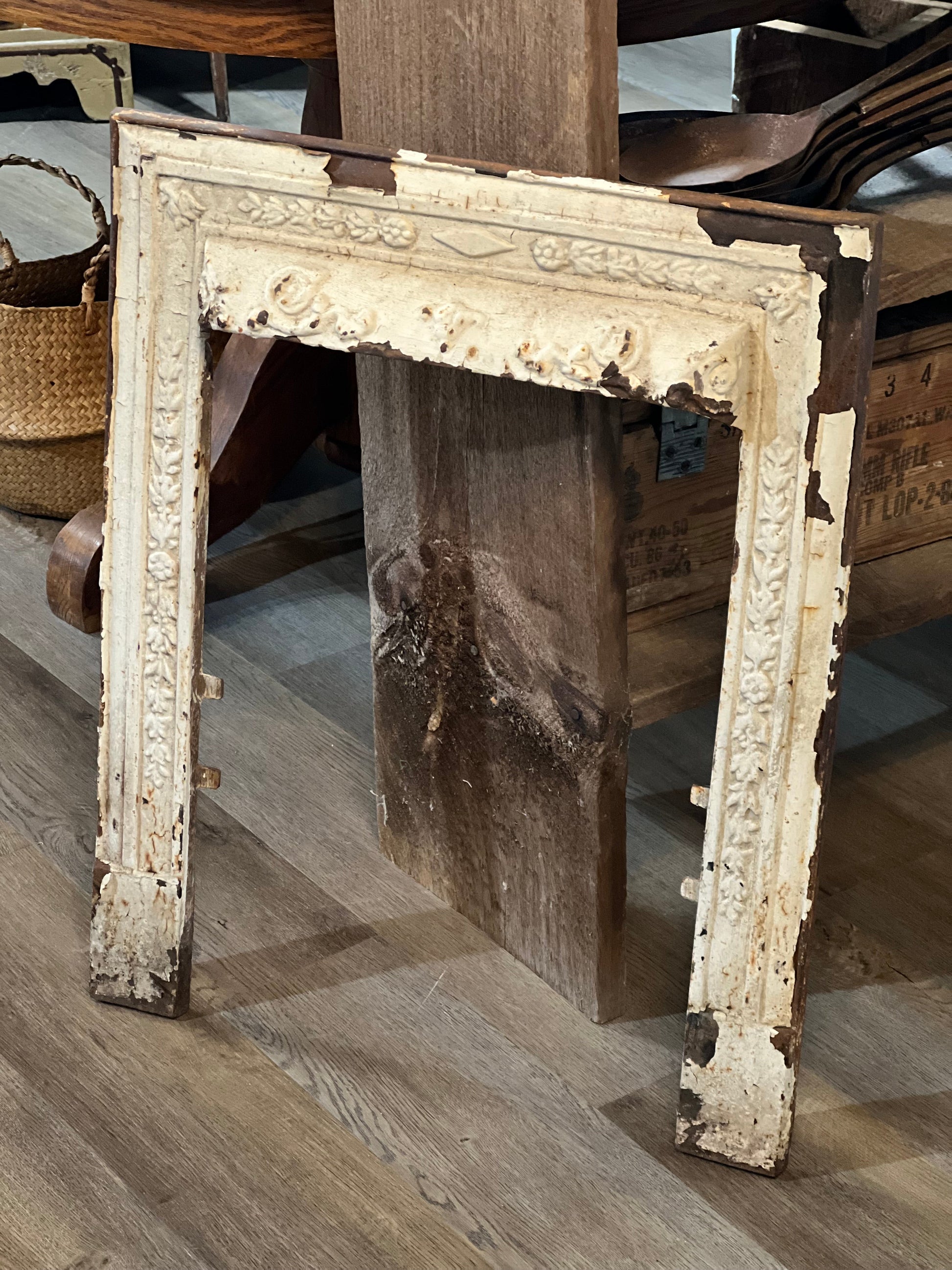 Antique Cast Iron Fireplace Surround: Chipped White