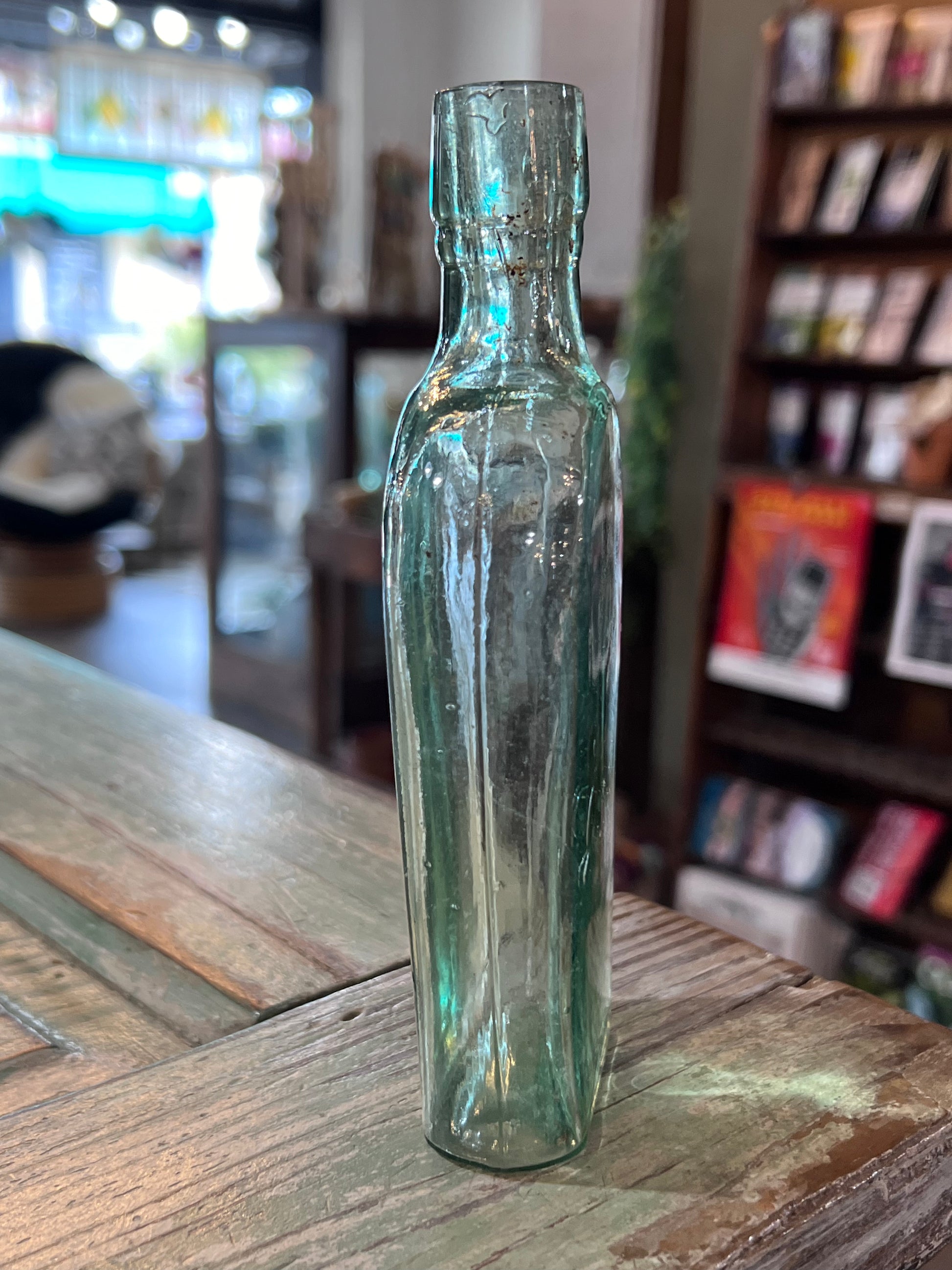 Green Glass Apothecary Bottle Flat Bellied High Crowned