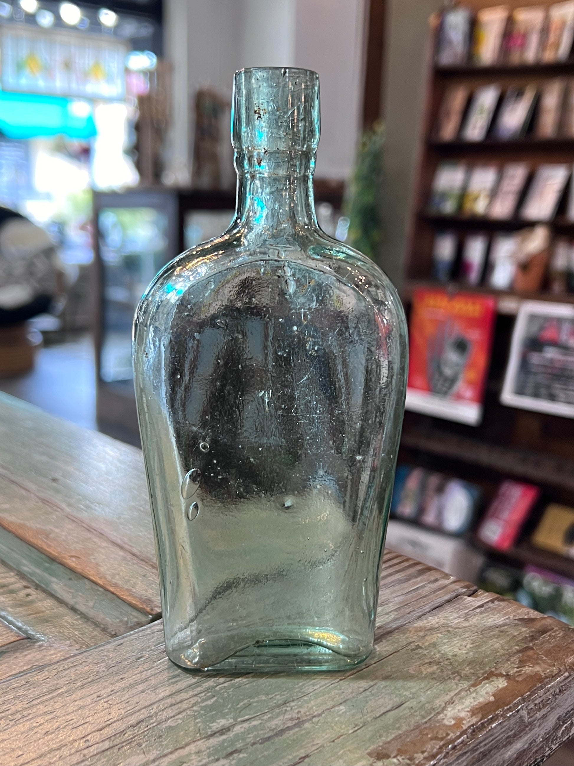 Green Glass Apothecary Bottle Flat Bellied High Crowned