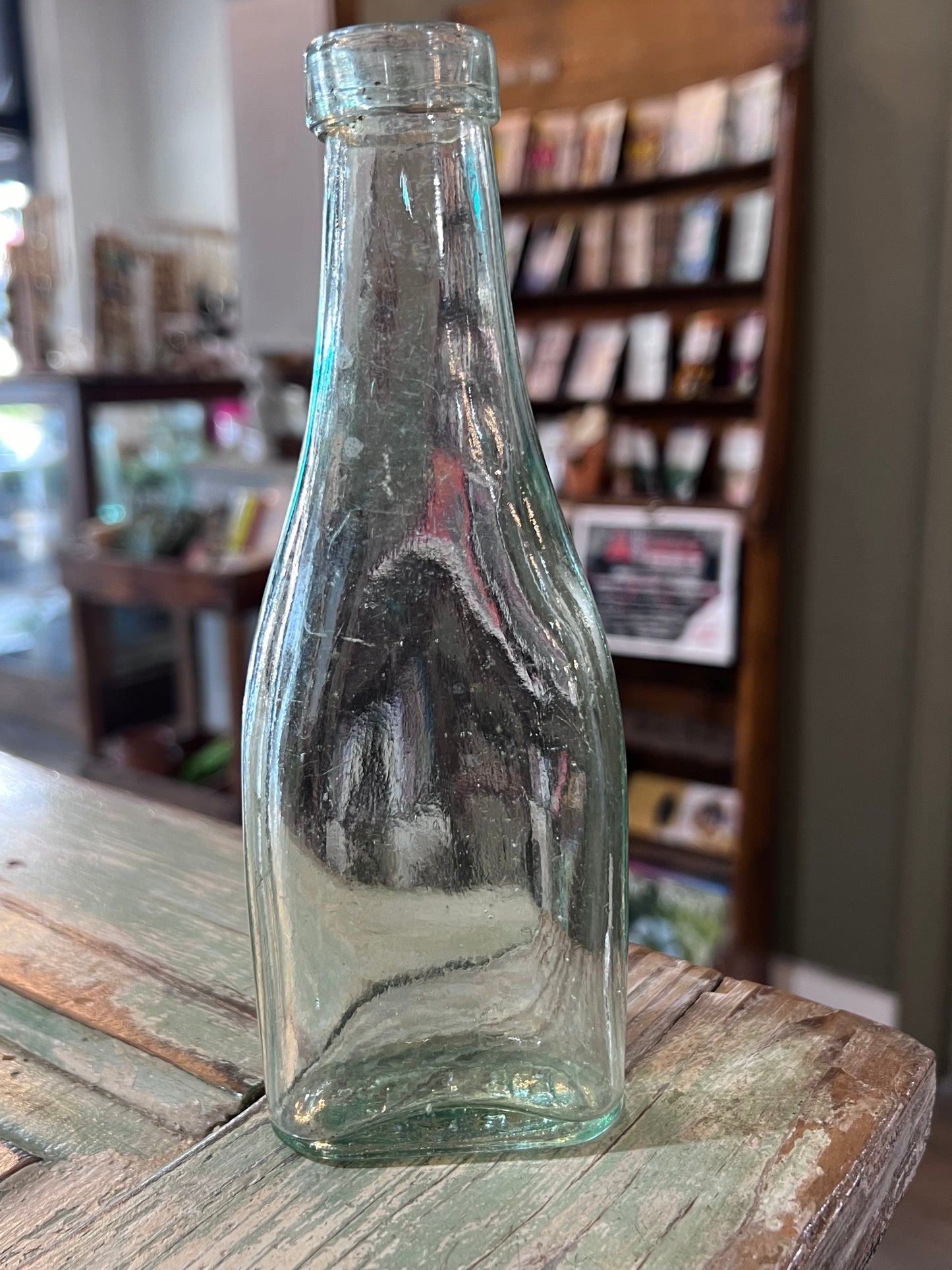 E B & Co Green Glass Apothecary Bottle Flat Bellied