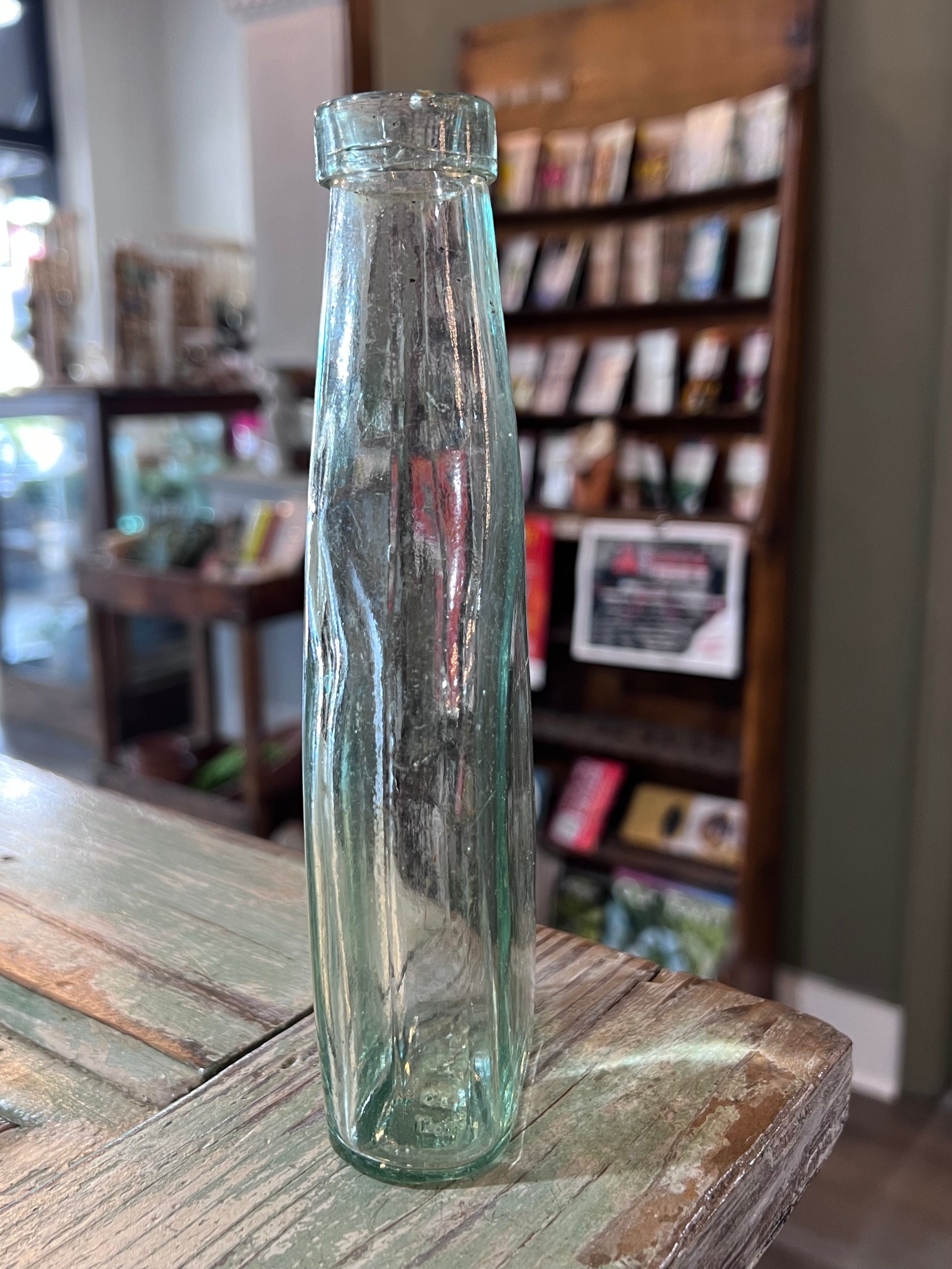 E B & Co Green Glass Apothecary Bottle Flat Bellied