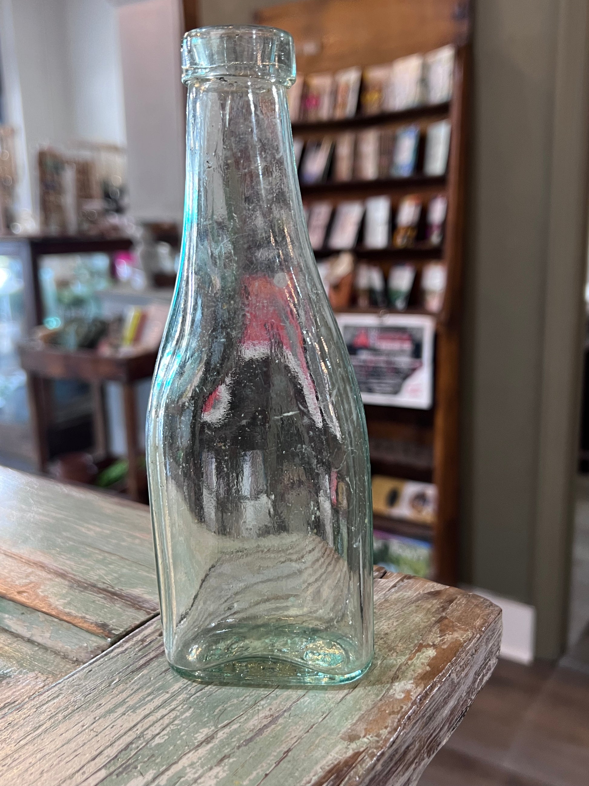 E B & Co Green Glass Apothecary Bottle Flat Bellied