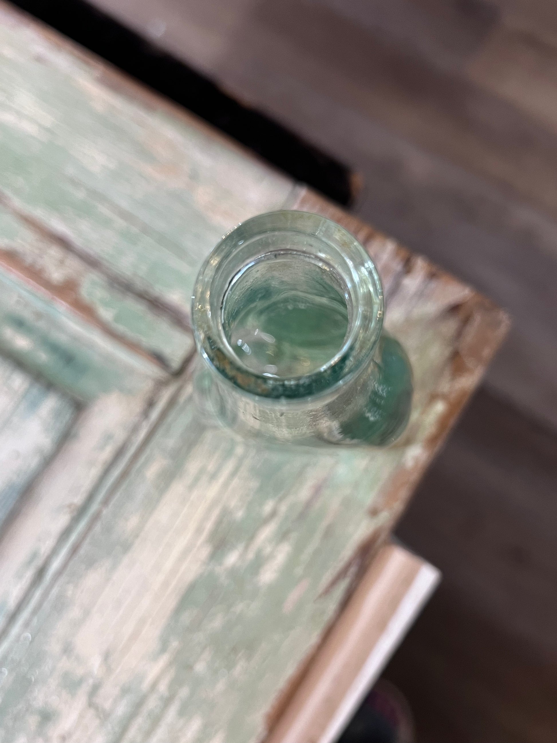 E B & Co Green Glass Apothecary Bottle Flat Bellied