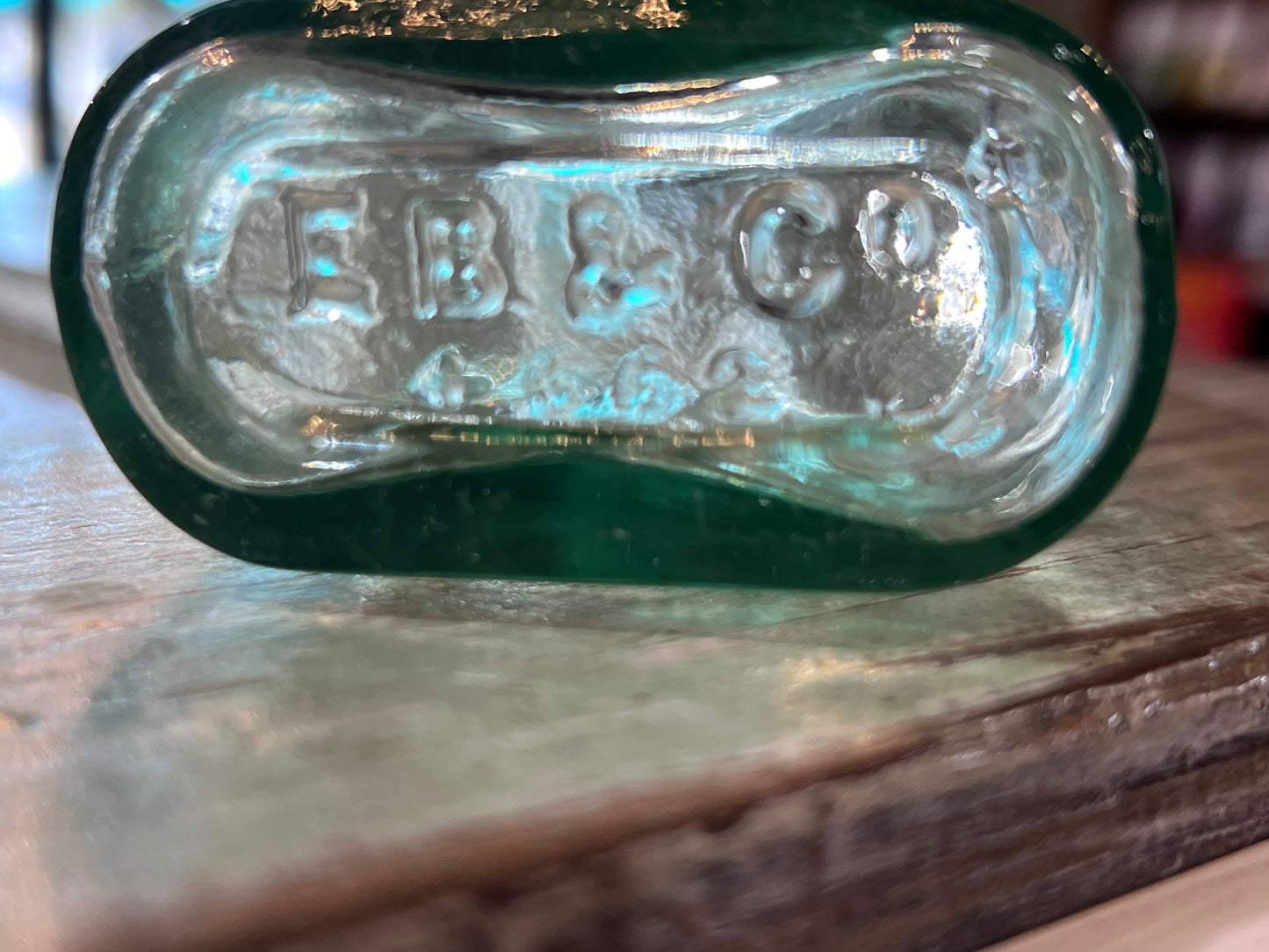 E B & Co Green Glass Apothecary Bottle Flat Bellied