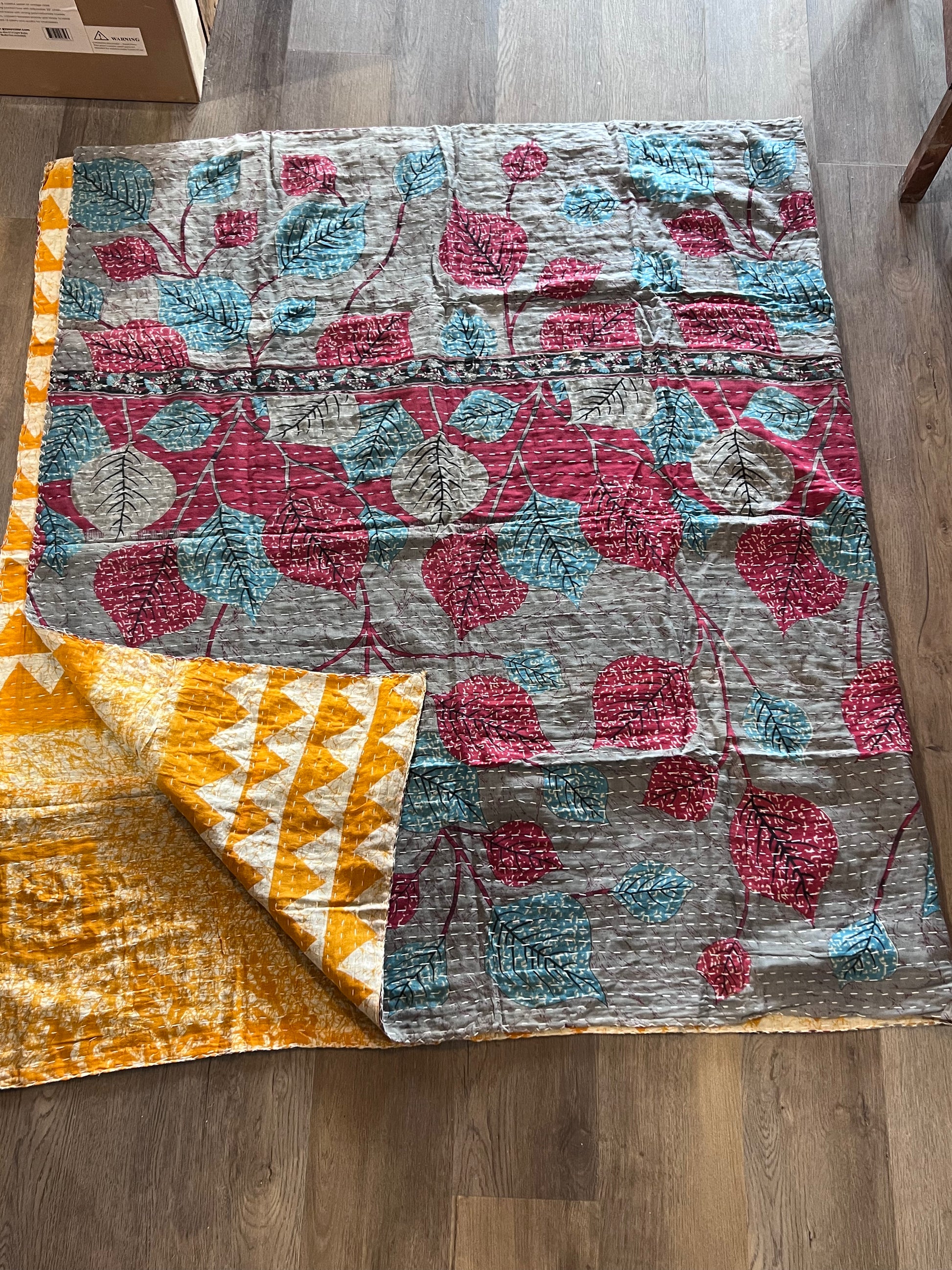 Handmade Indian Kantha Reversible Quilt Grey Floral and Yellow Geometric