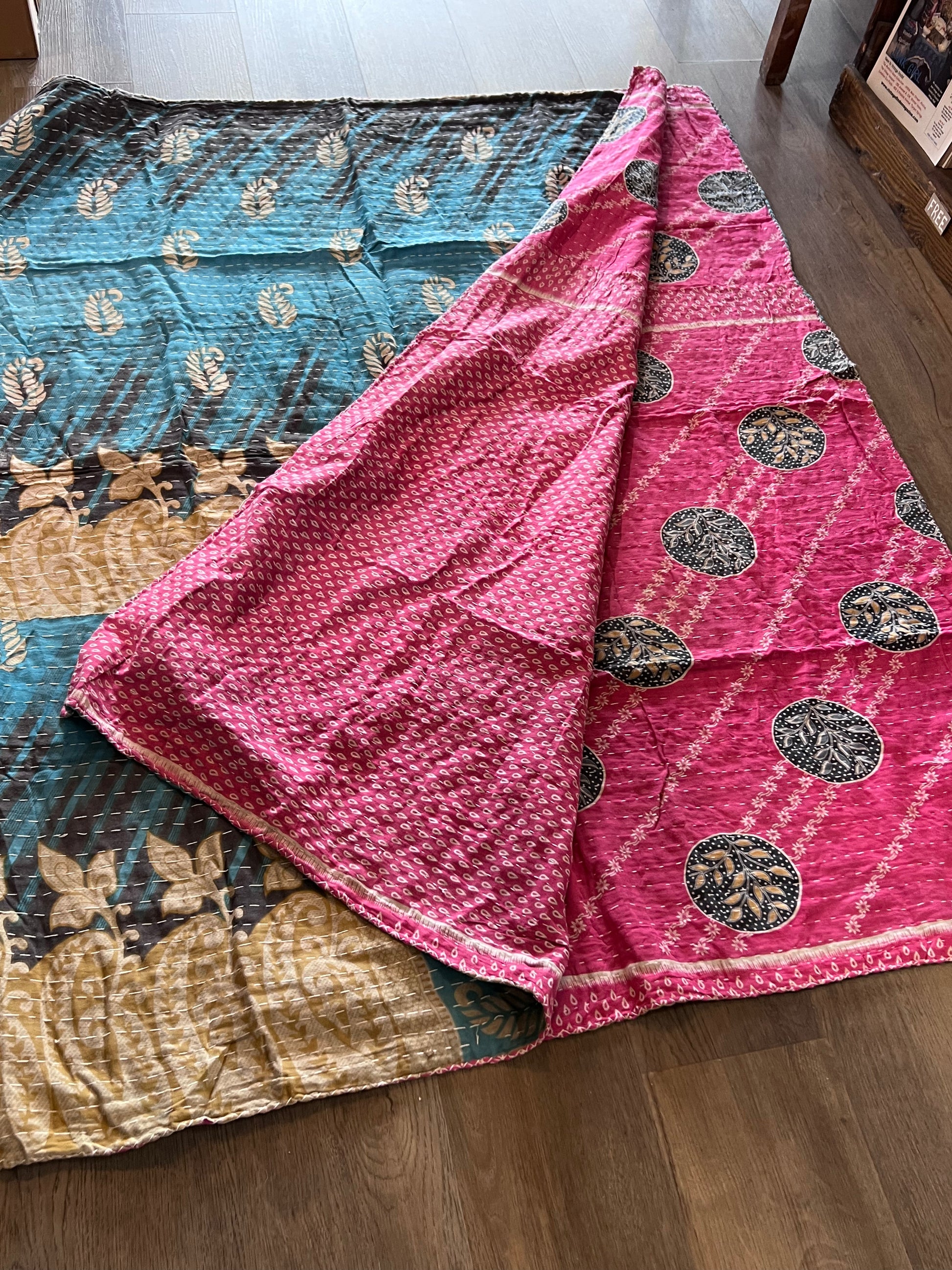 Handmade Indian Kantha Reversible Quilt Navy Blue and Pink Navy Greenery Pattern