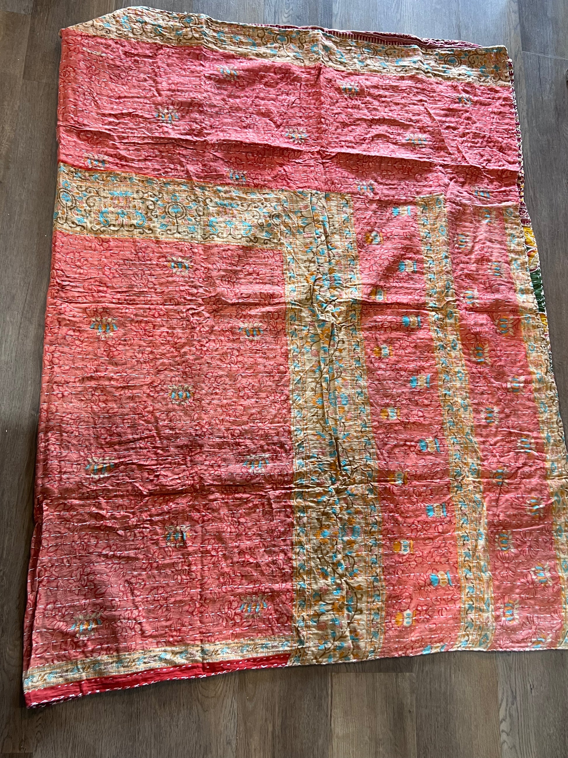 Handmade Indian Kantha Reversible Quilt Grey Floral and Yellow Geometric