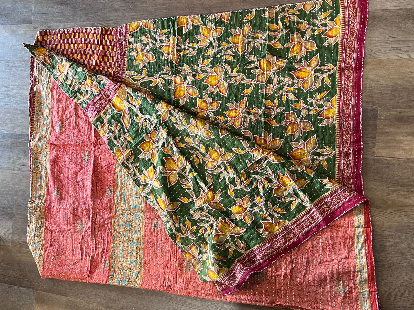 Handmade Indian Kantha Reversible Quilt Dark Green Orange and Dusty Red Floral