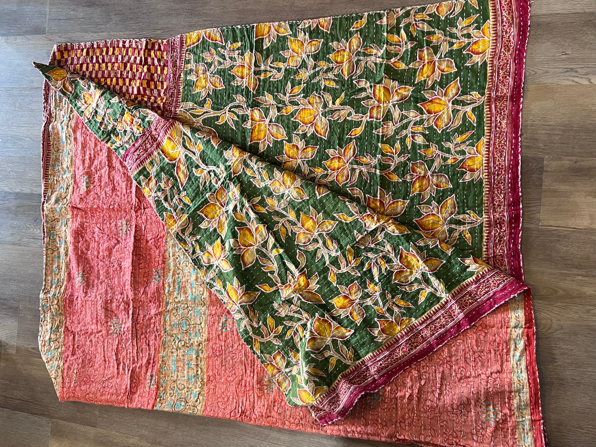 Handmade Indian Kantha Reversible Quilt Dark Green Orange and Dusty Red Floral