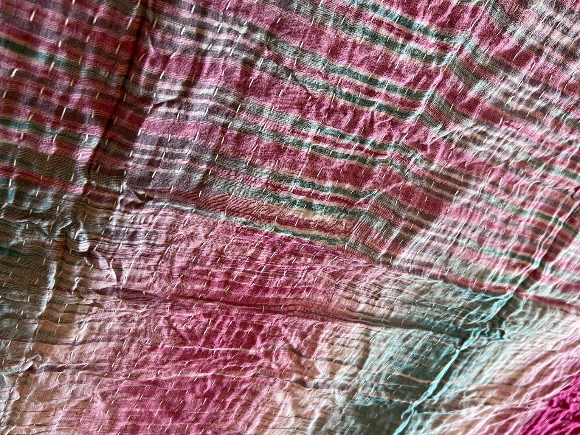 Handmade Indian Kantha Reversible Quilt Grey Floral and Yellow Geometric