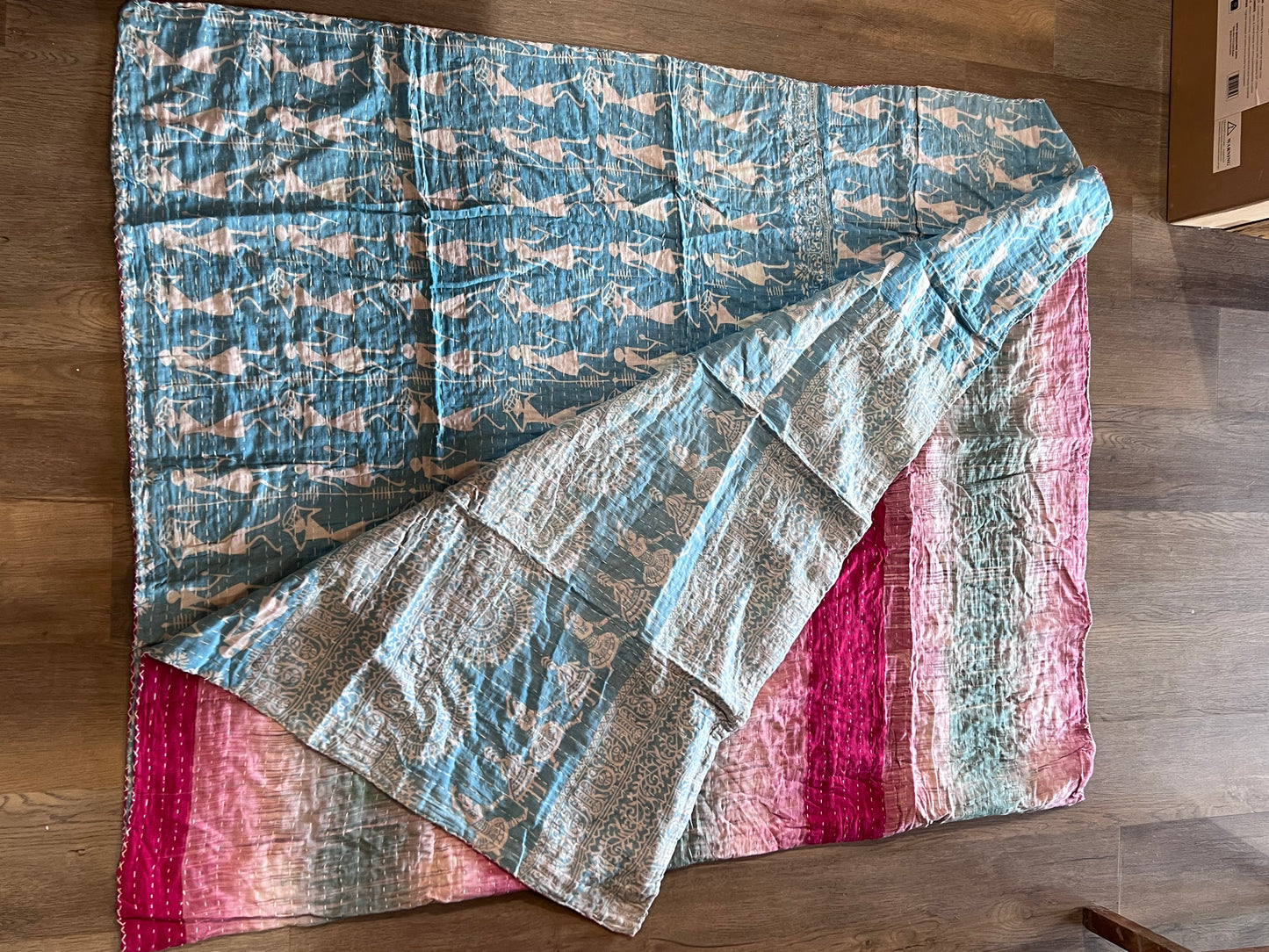 Handmade Indian Kantha Reversible Quilt Blue and Pink