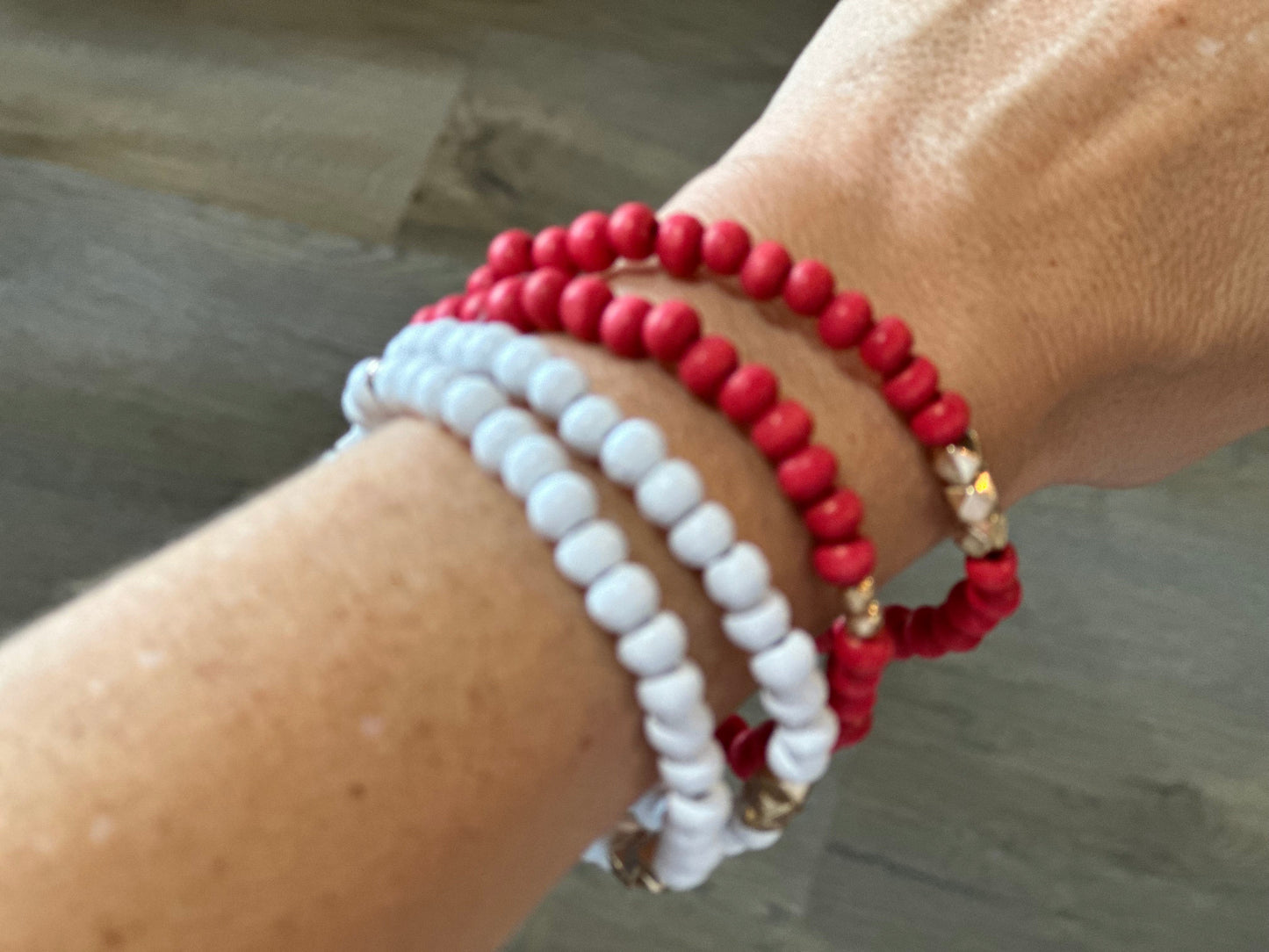 Set of Four Wood Beaded Stretch Bracelets Red White
