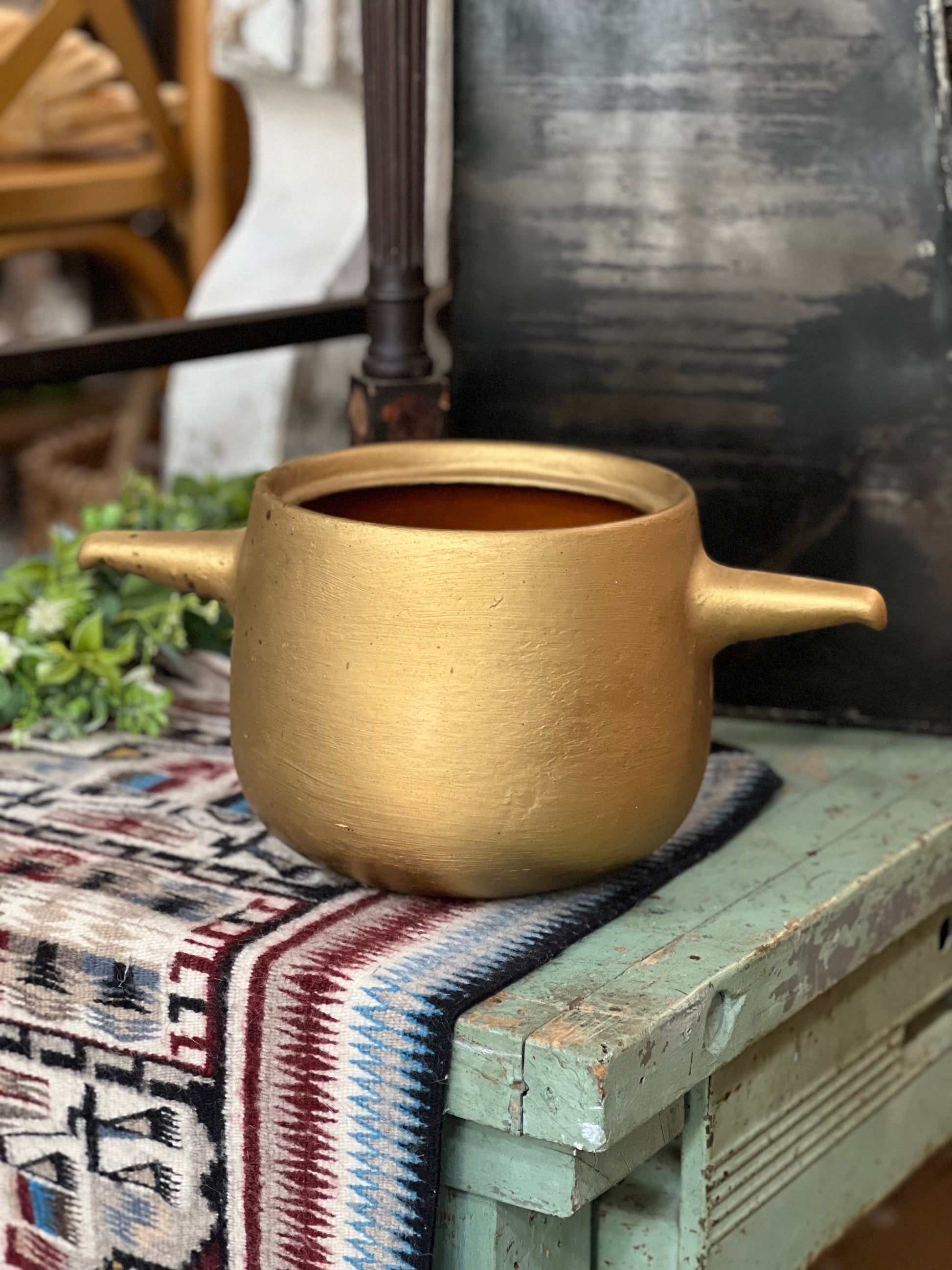 Metallic Gold Roseville Bean Pot with Handles