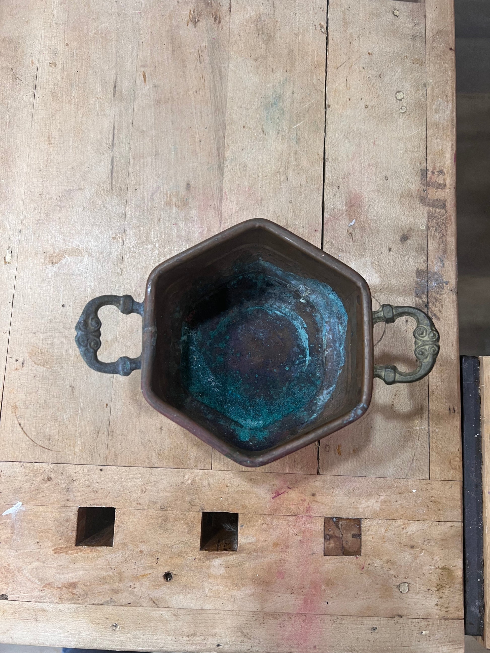 Small Copper Hexagonal Bowl with Handles