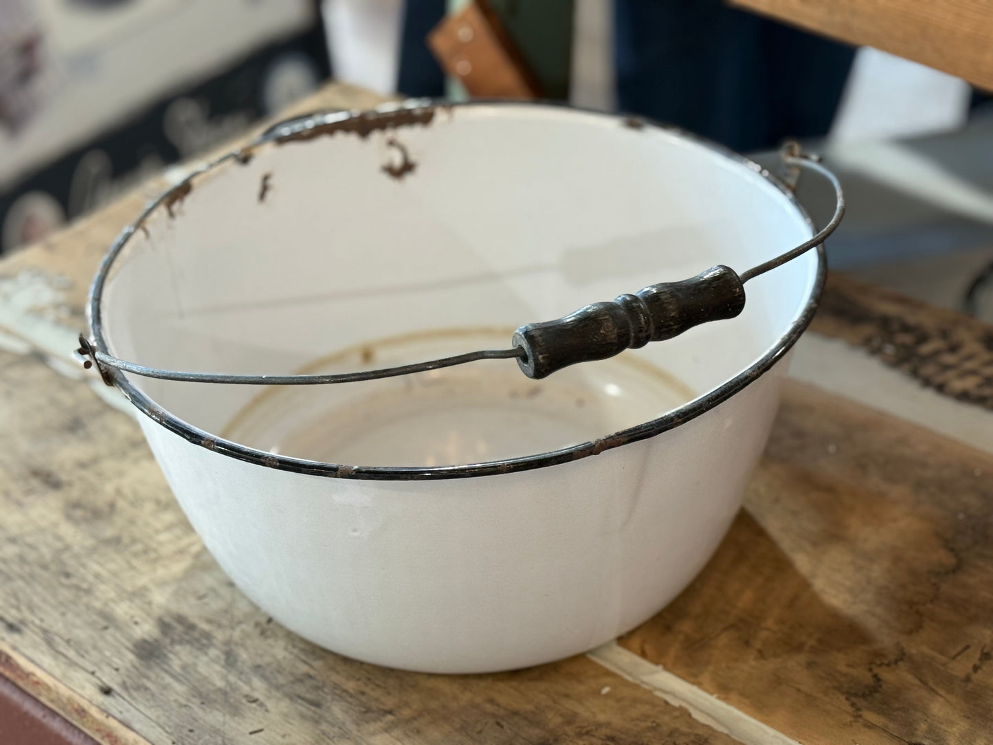 14.5" White & Black Handled Enamelware pan