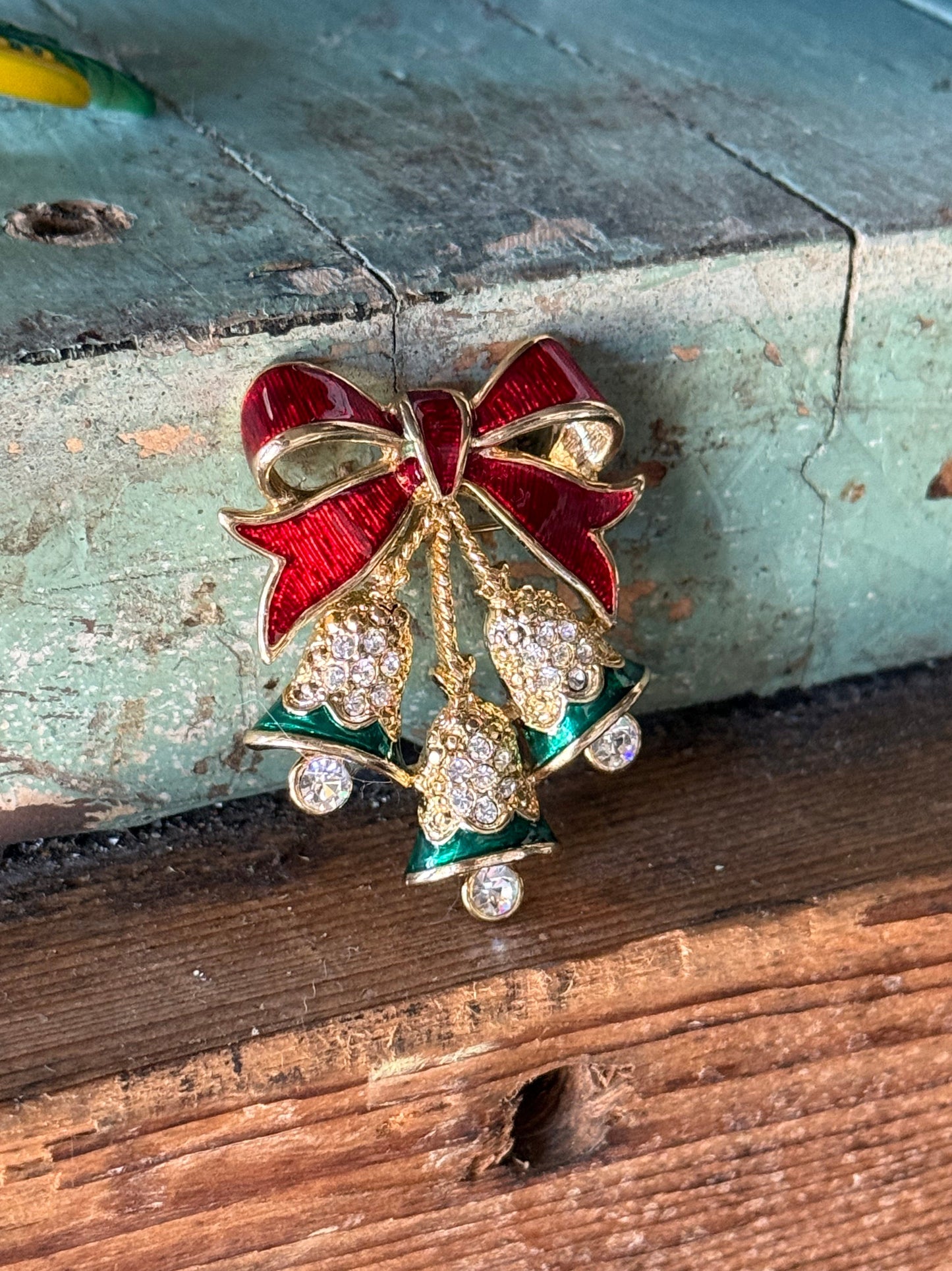 Brooch/Pin Red Bow & Bell with Rhinestones Brooch