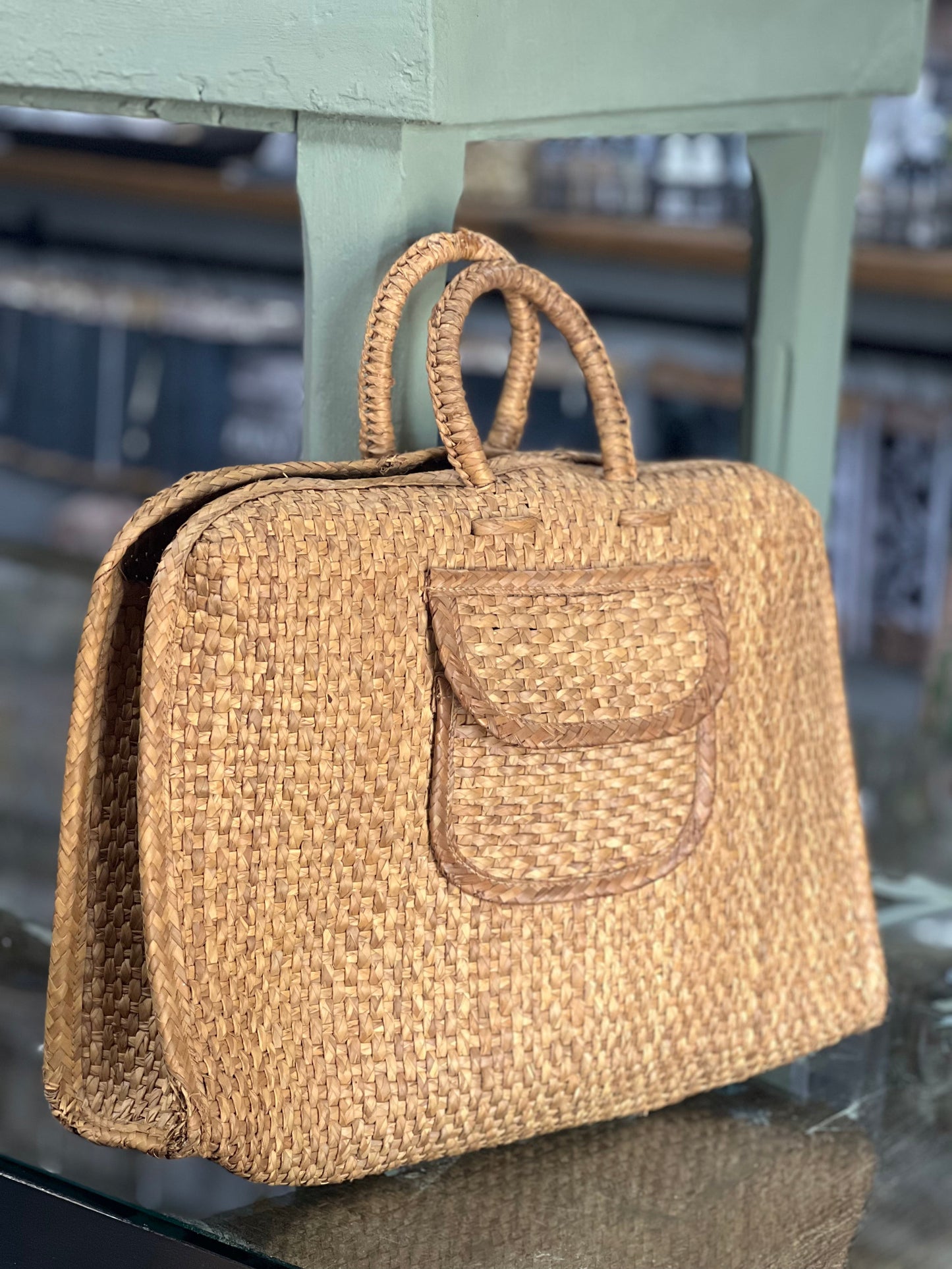 Vintage Woven Straw Briefcase Tote Bag