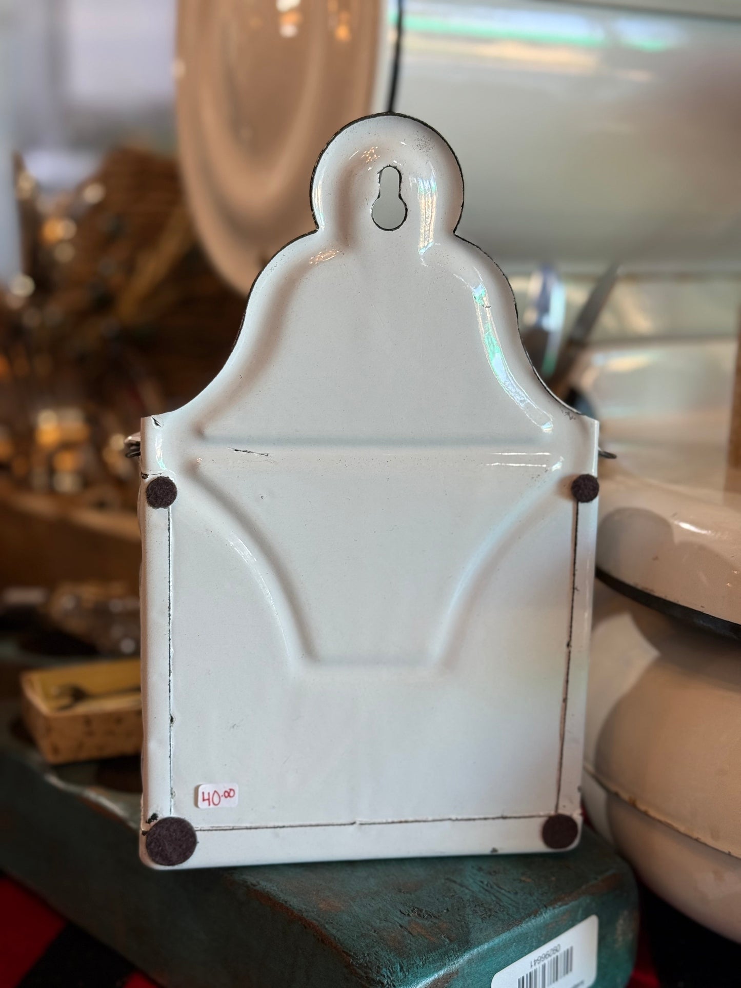 Vintage White Enamel Hanging Salt Box