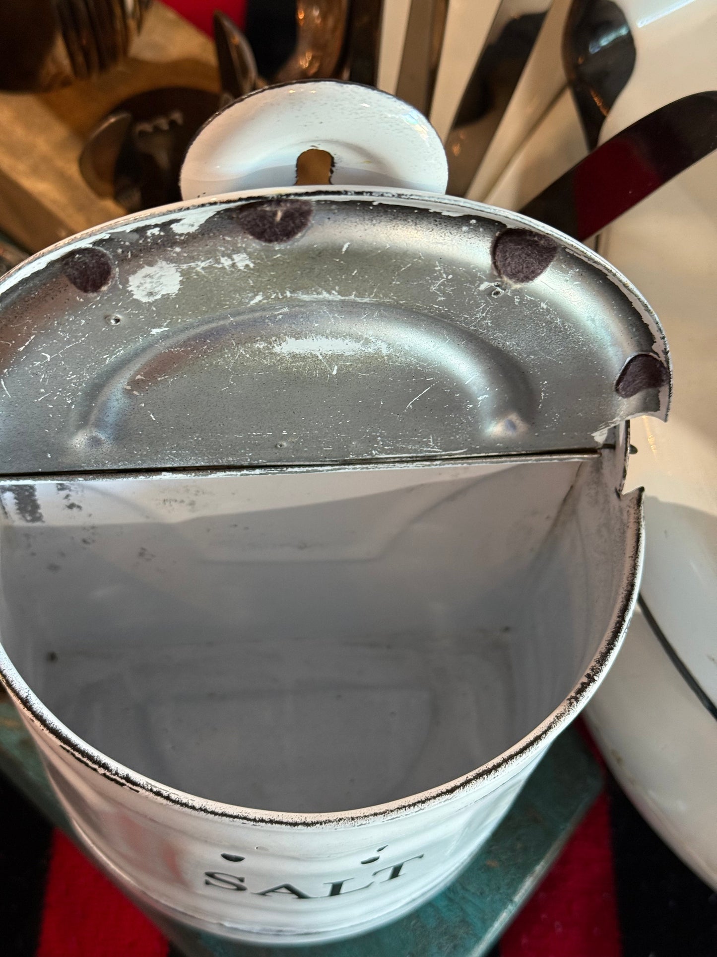 Vintage White Enamel Hanging Salt Box