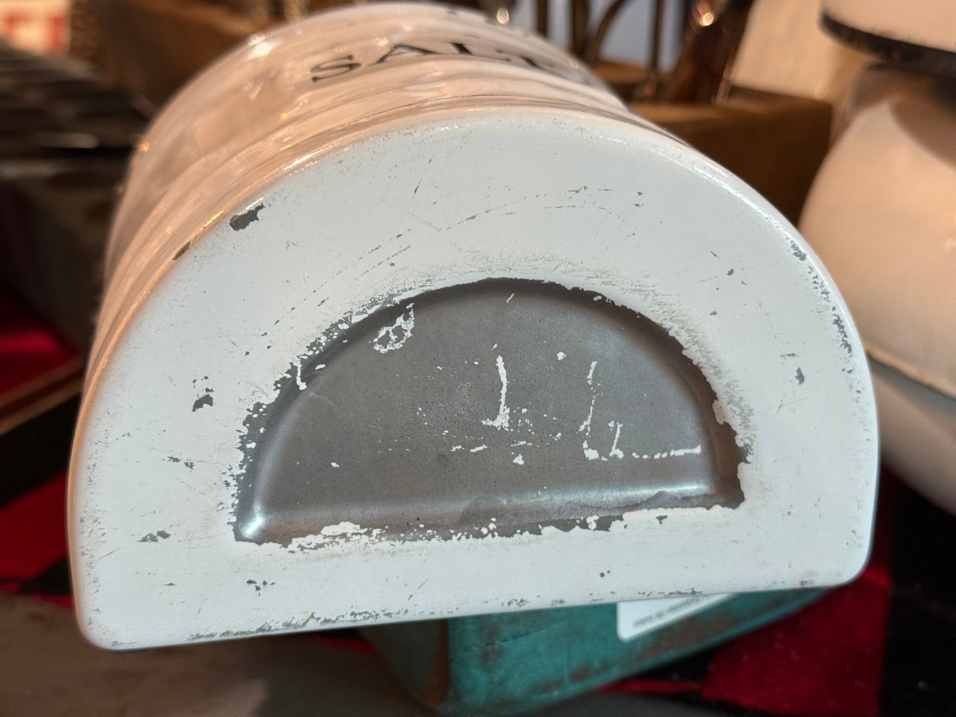 Vintage White Enamel Hanging Salt Box