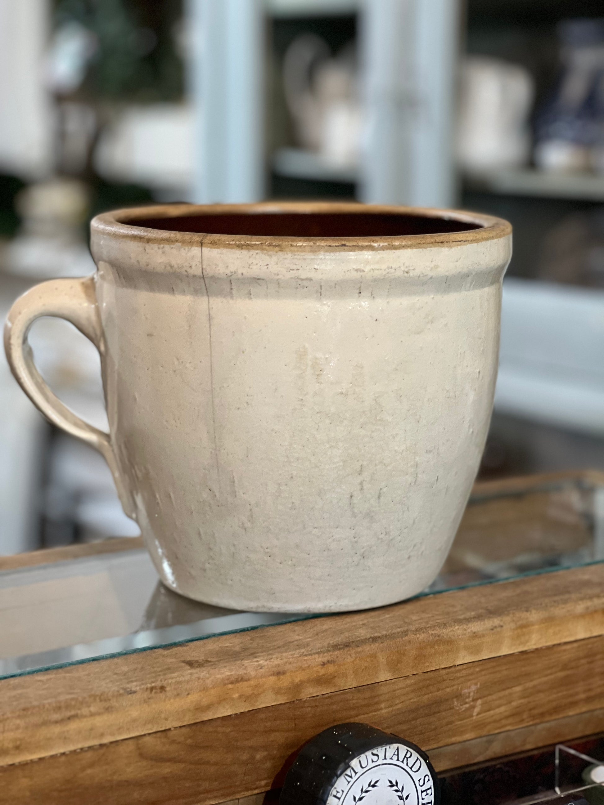 Antique RARE Salt Glazed Crock with Handle Stoneware