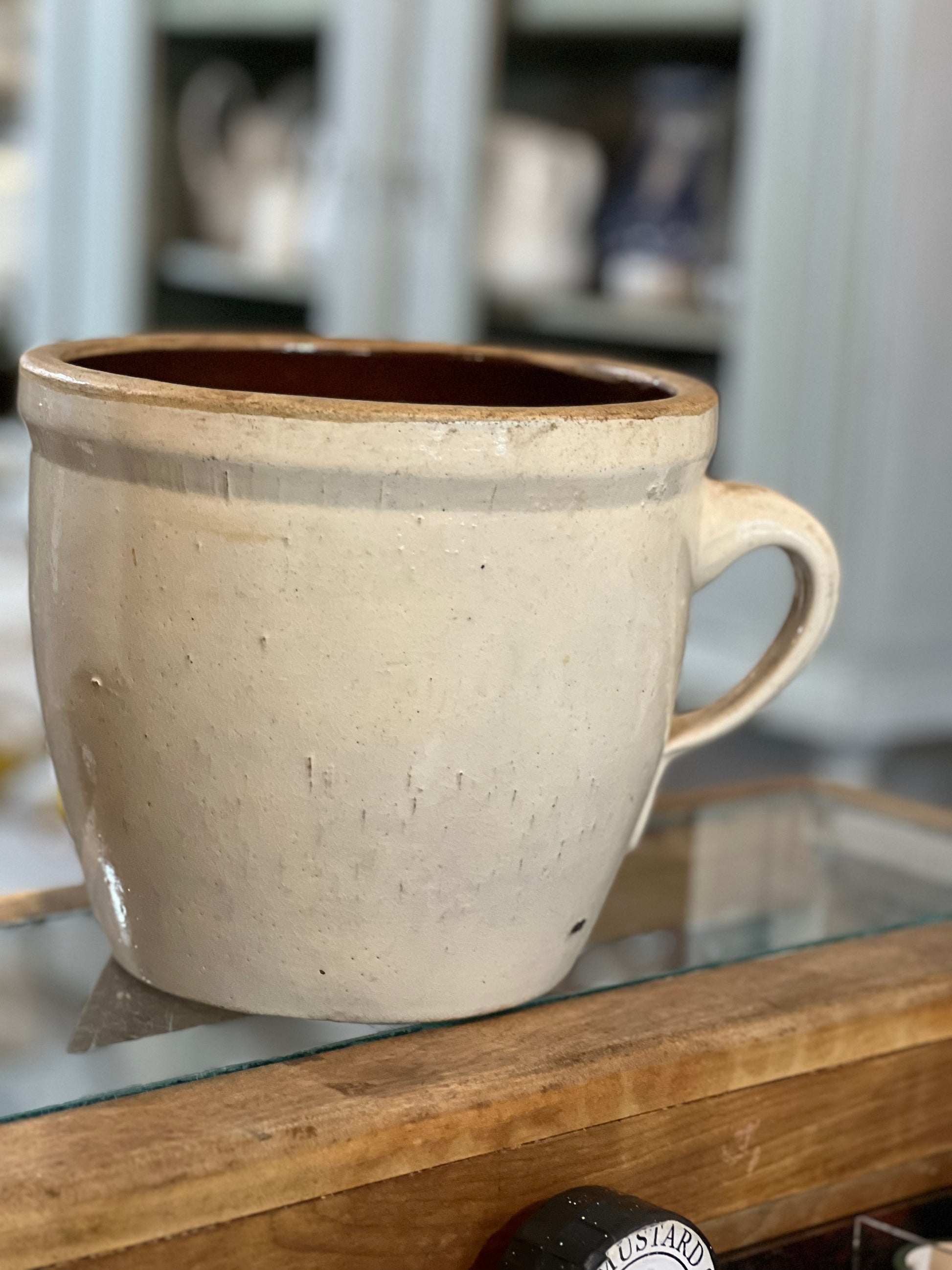 Antique RARE Salt Glazed Crock with Handle Stoneware