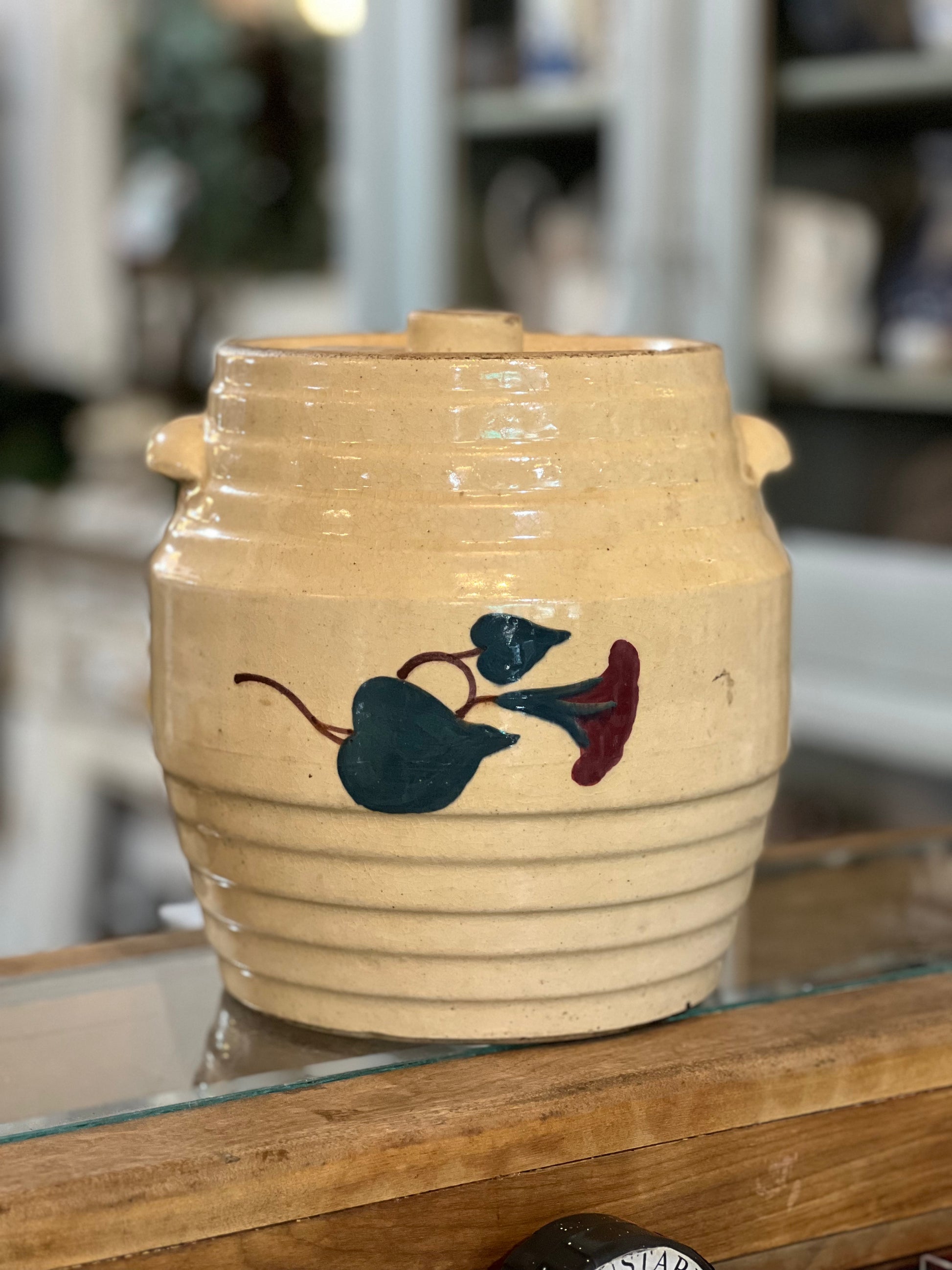Robinson Ransbottom Morning Glory Spaulding's Cookies Advertising Jar Crock