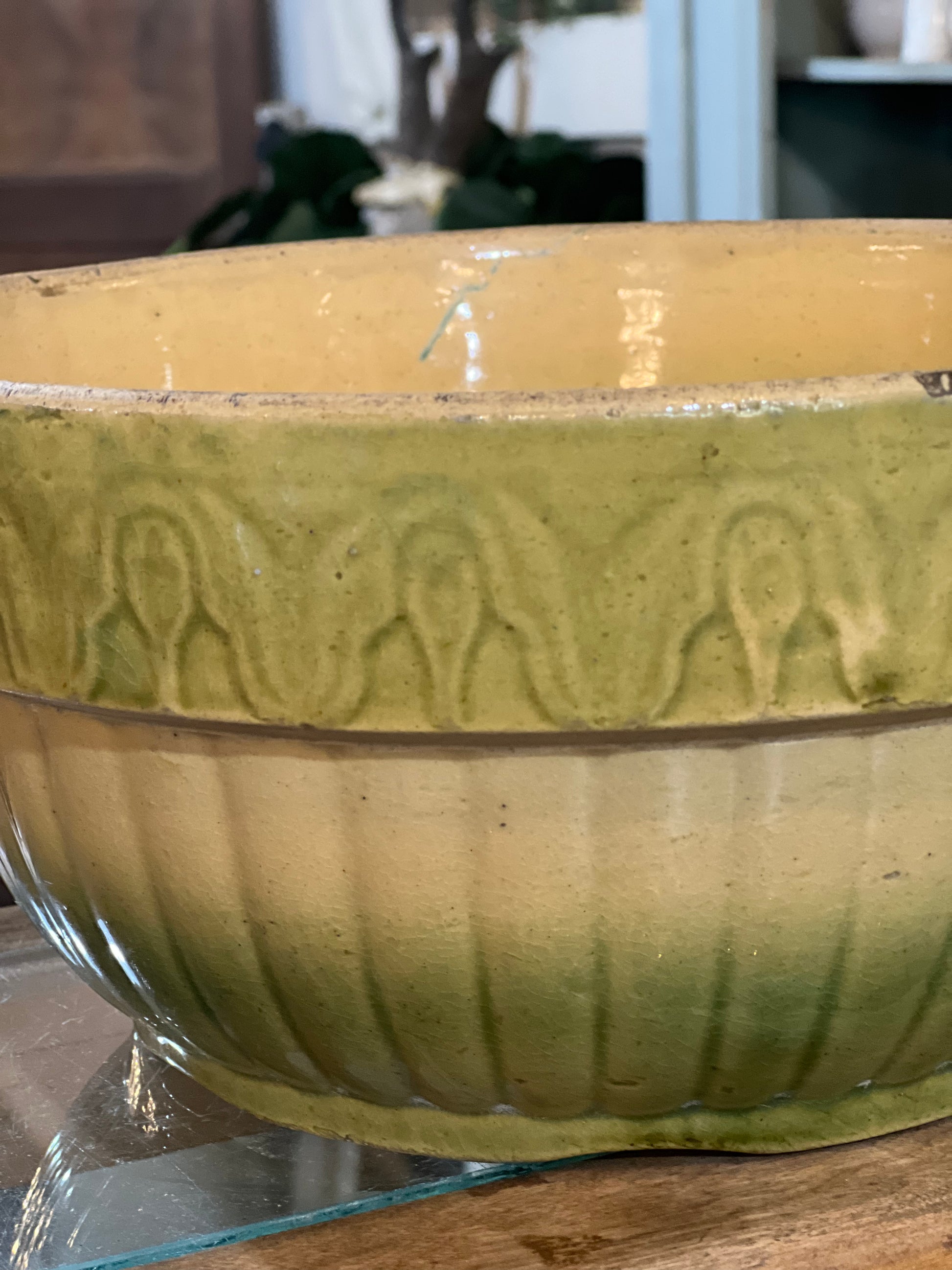 Antique 1800s Farmhouse Yellow Green ware Large Bowl