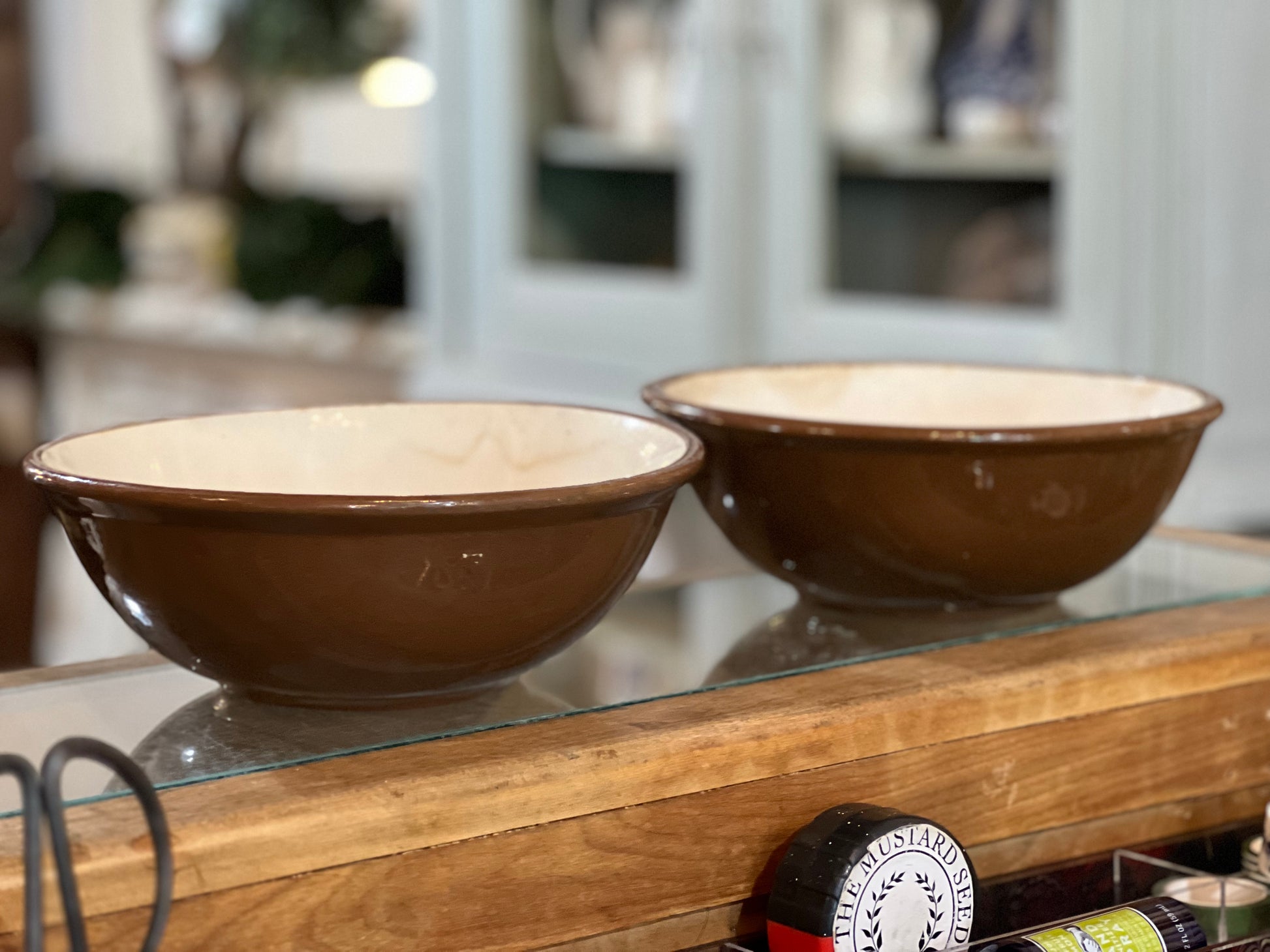Vintage Pair of Salt Glazed Brown and White Harvest Bowls
