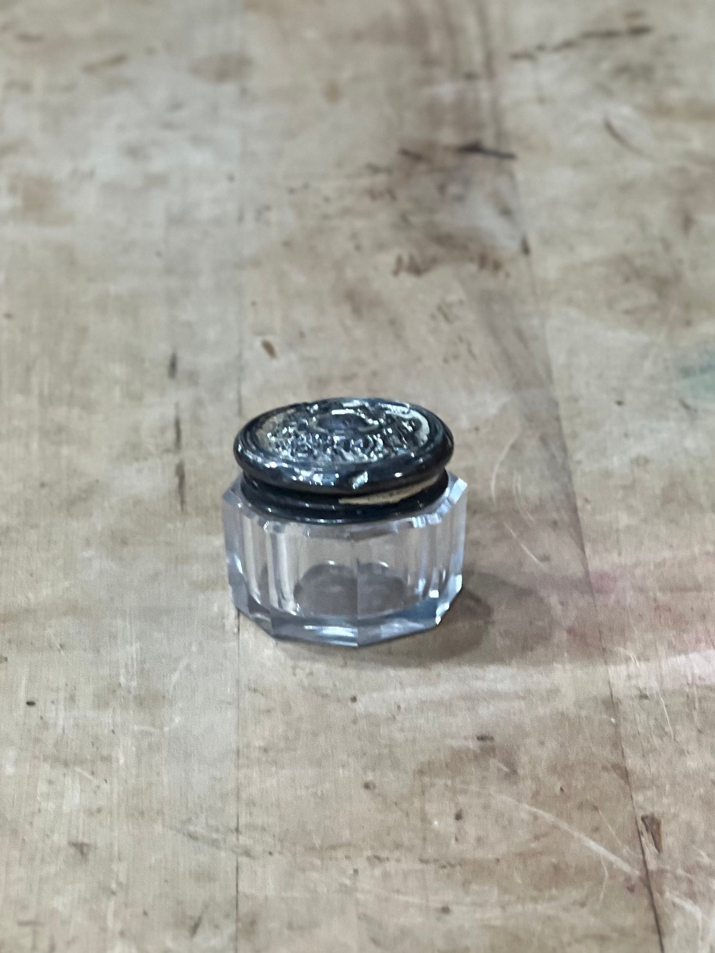Antique Art Nouveau Sterling Silver & Faceted Glass Vanity Jar – Mini Trinket Box & Pomade Jar, 1.25" x 1.5"