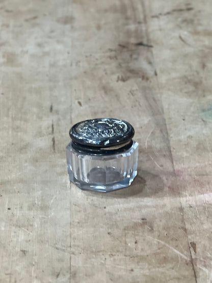 Antique Art Nouveau Sterling Silver & Faceted Glass Vanity Jar – Mini Trinket Box & Pomade Jar, 1.25" x 1.5"