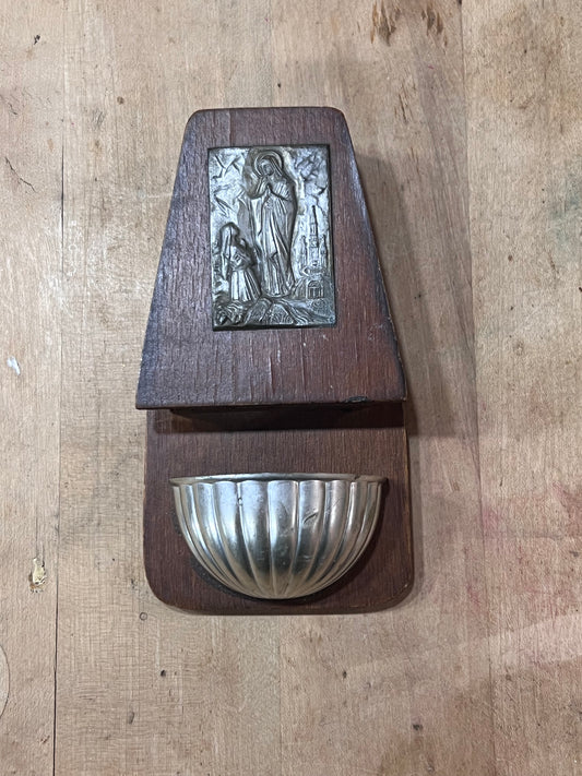 Antique Catholic Holy Water Font &amp; Secret Bottle Holder – Our Lady of Lourdes Wood &amp; Metal Wall Benitier, 6" x 3.25"