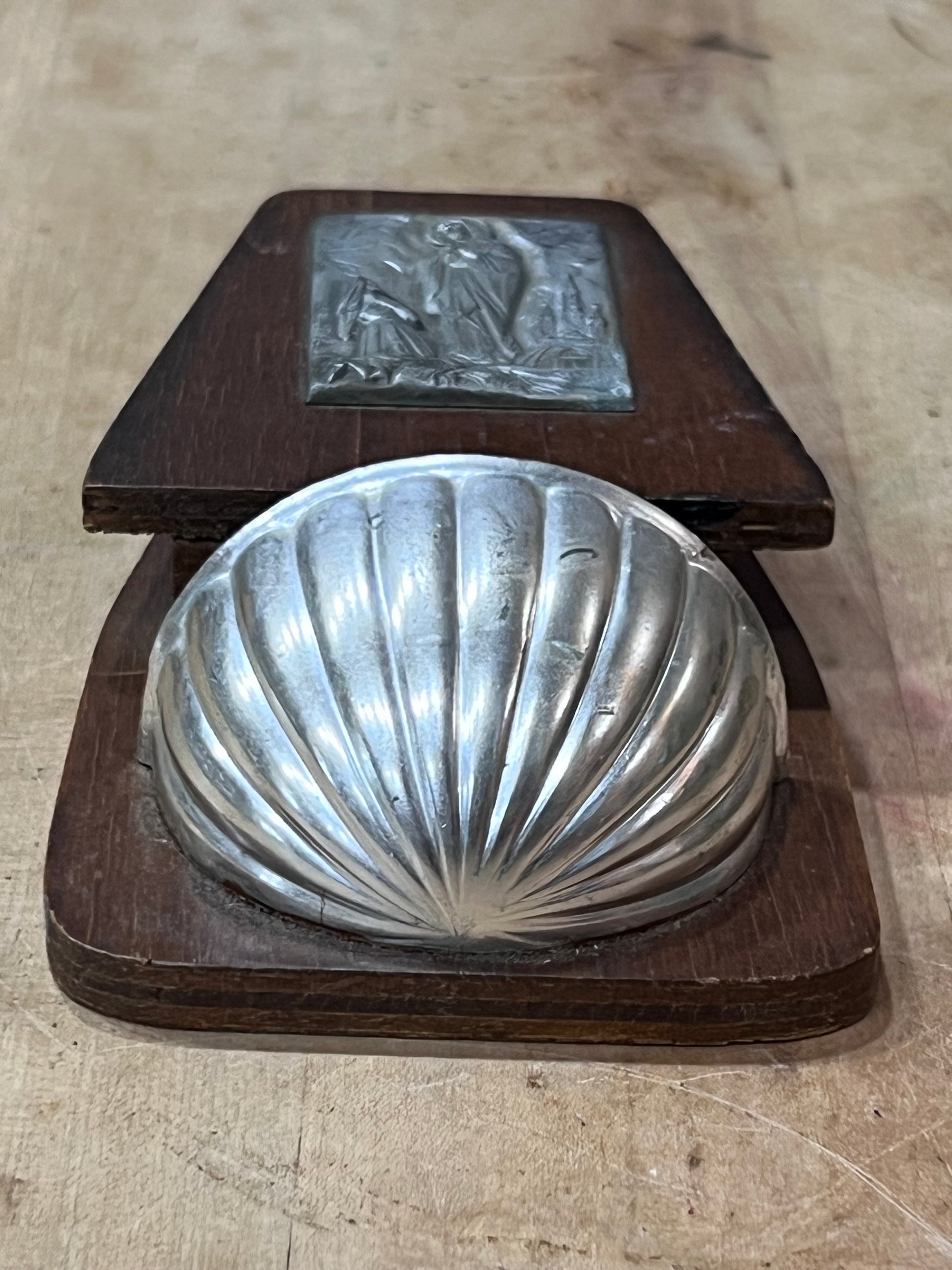 Antique Catholic Holy Water Font & Secret Bottle Holder – Our Lady of Lourdes Wood & Metal Wall Benitier, 6" x 3.25"
