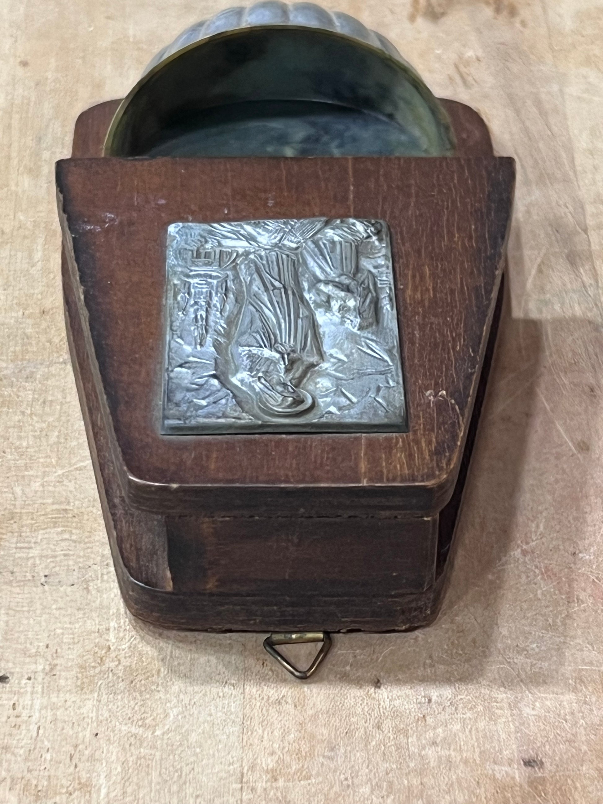 Antique Catholic Holy Water Font &amp; Secret Bottle Holder – Our Lady of Lourdes Wood &amp; Metal Wall Benitier, 6" x 3.25"