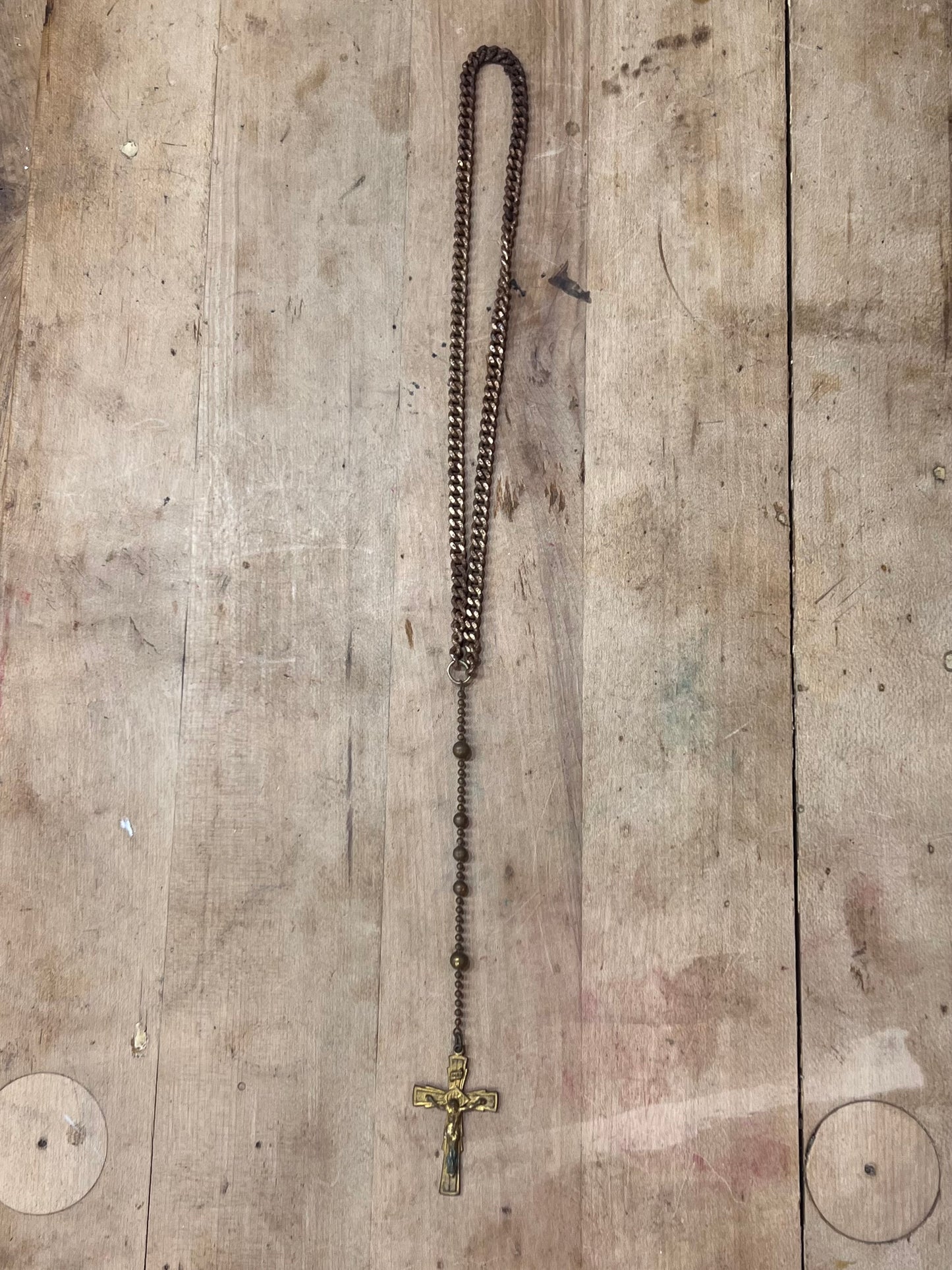 Antique Brass WWI / WWII Military Service Rosary – Catholic Soldier’s Pull-Chain Pocket Rosary with Crucifix