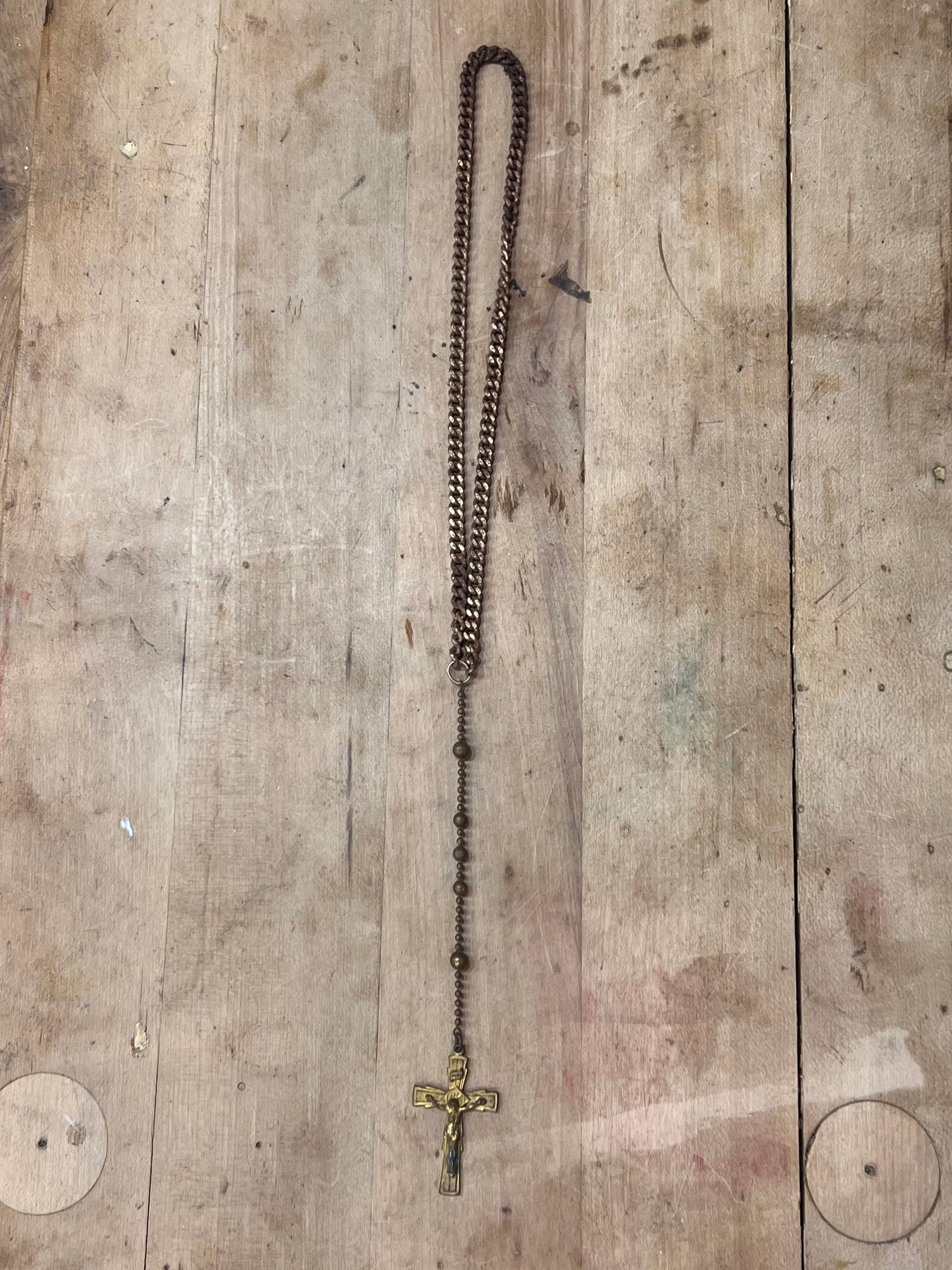 Antique Brass WWI / WWII Military Service Rosary – Catholic Soldier’s Pull-Chain Pocket Rosary with Crucifix
