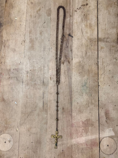 Antique Brass WWI / WWII Military Service Rosary – Catholic Soldier’s Pull-Chain Pocket Rosary with Crucifix