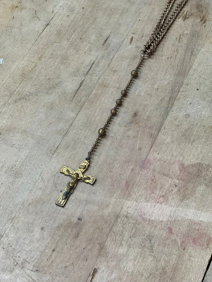 Antique Brass WWI / WWII Military Service Rosary – Catholic Soldier’s Pull-Chain Pocket Rosary with Crucifix