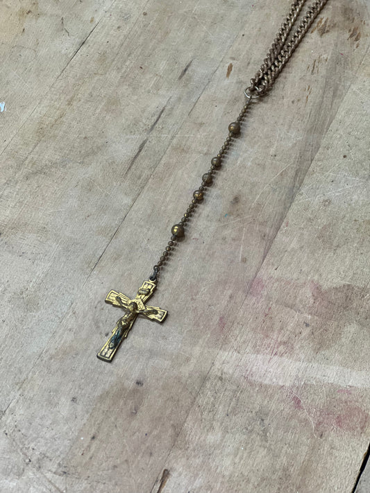 Antique Brass WWI / WWII Military Service Rosary – Catholic Soldier’s Pull-Chain Pocket Rosary with Crucifix